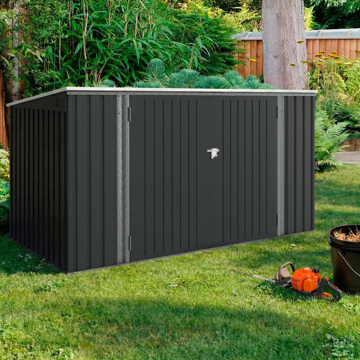 ID MARKET Abri de jardin XXL en métal gris anthracite verrouillable multi-rangement pour stockage vélos, outils, poubelles