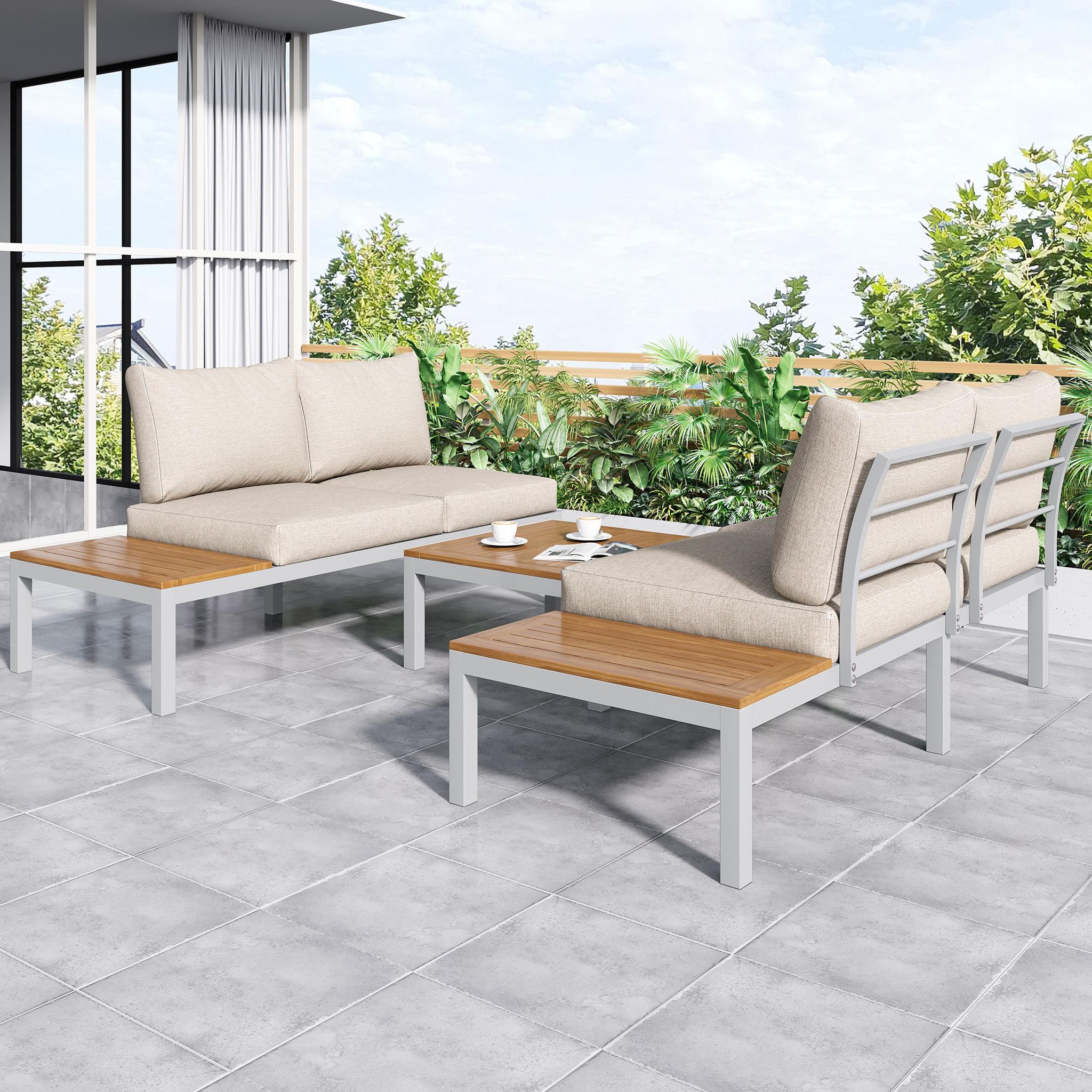 Voir la diapositive 5 : MERAX Salon de jardin 4 places en acier, 2 canapés 2 places, 2 tables basses, 1 table