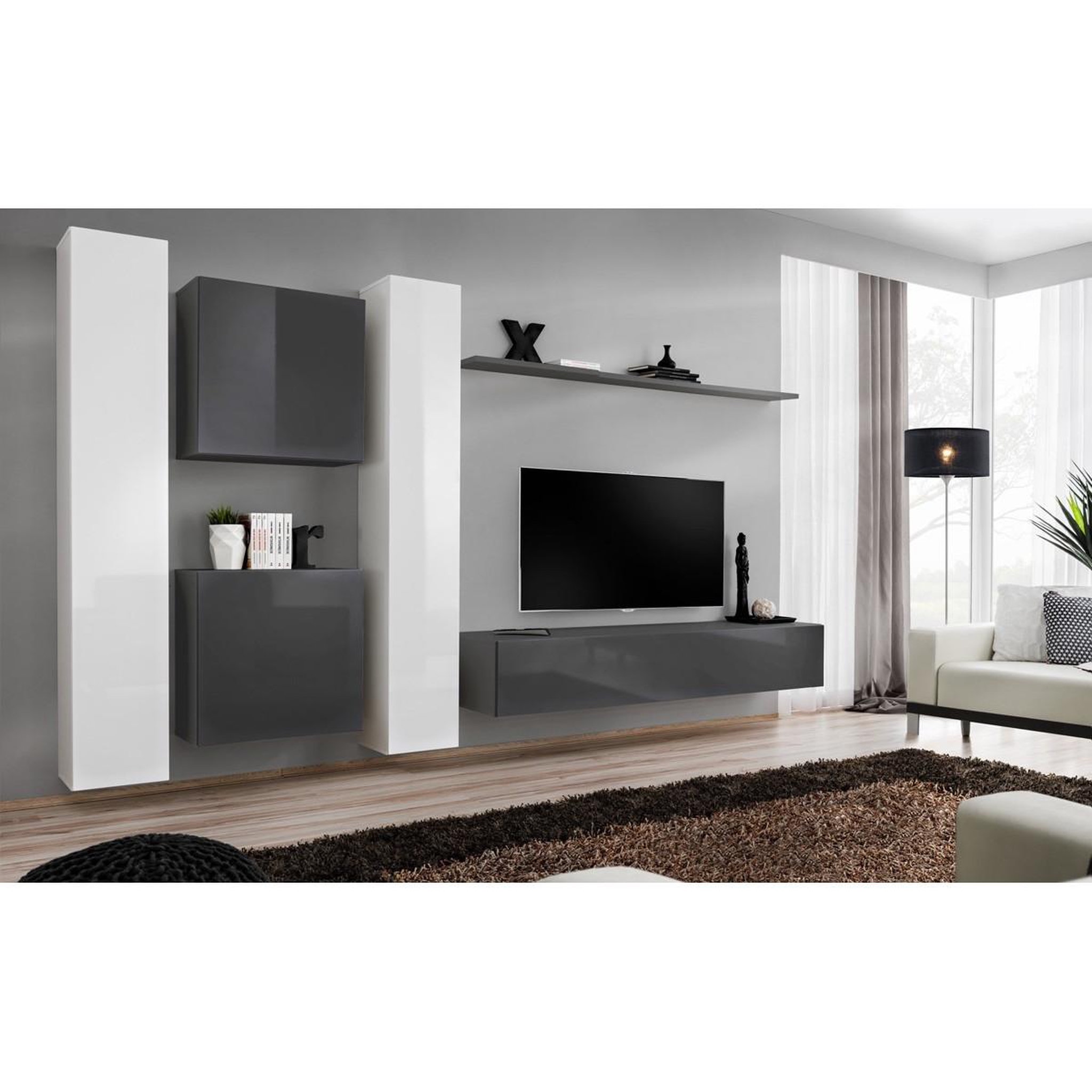 Voir la diapositive 2 : Paris Prix Meuble tv mural design  switch vi  330cm gris & blanc