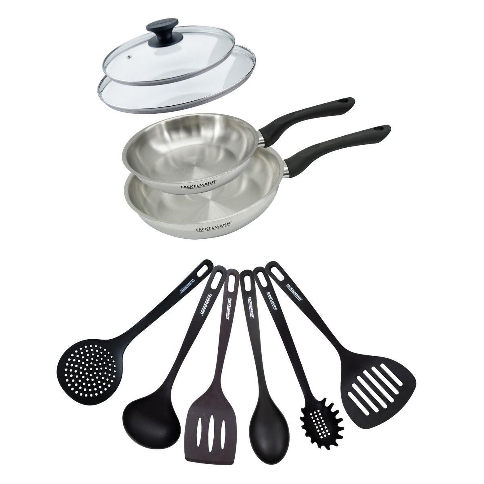 Fackelmann Set 2 poêles 20 et 24 cm en inox, couvercles verre et 6 ustensiles Fackelmann Geneva