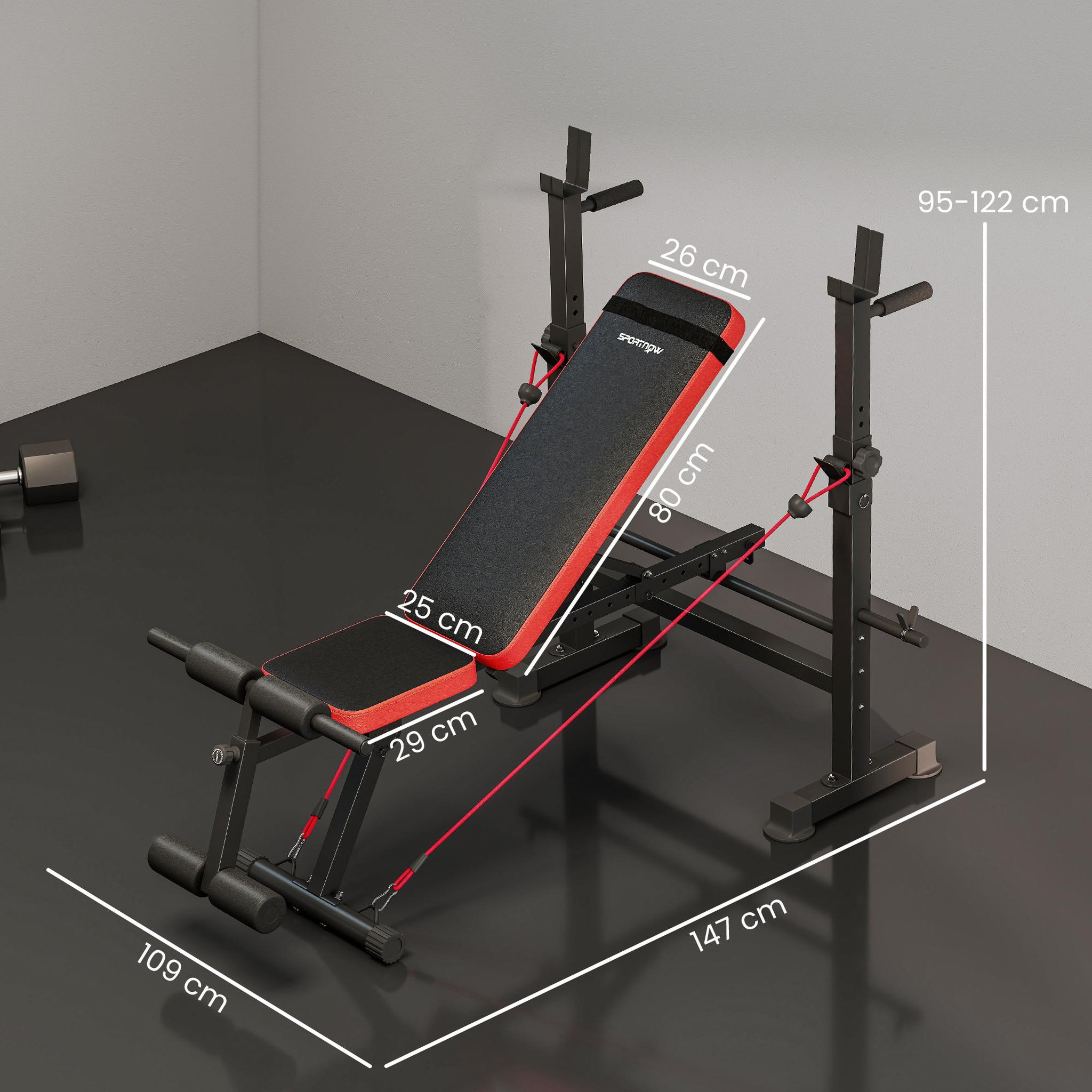 Voir la diapositive 3 : HOMCOM Banc de musculation réglable - support de barre, poignées à dips, bandes de résistance - rouge noir