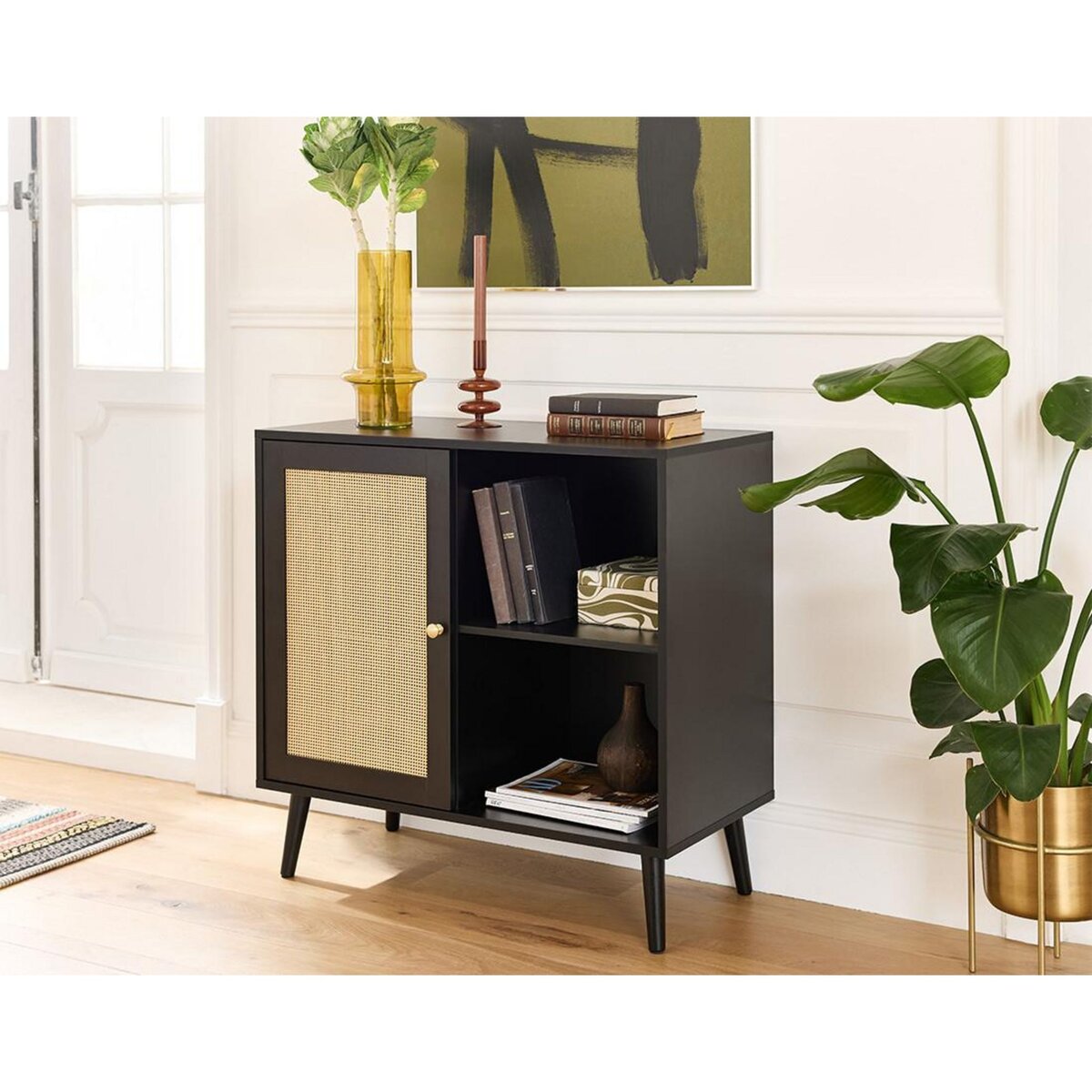 BEST MOBILIER Goto - buffet haut - noir et cannage - 2 niches et 1 porte - 80 cm
