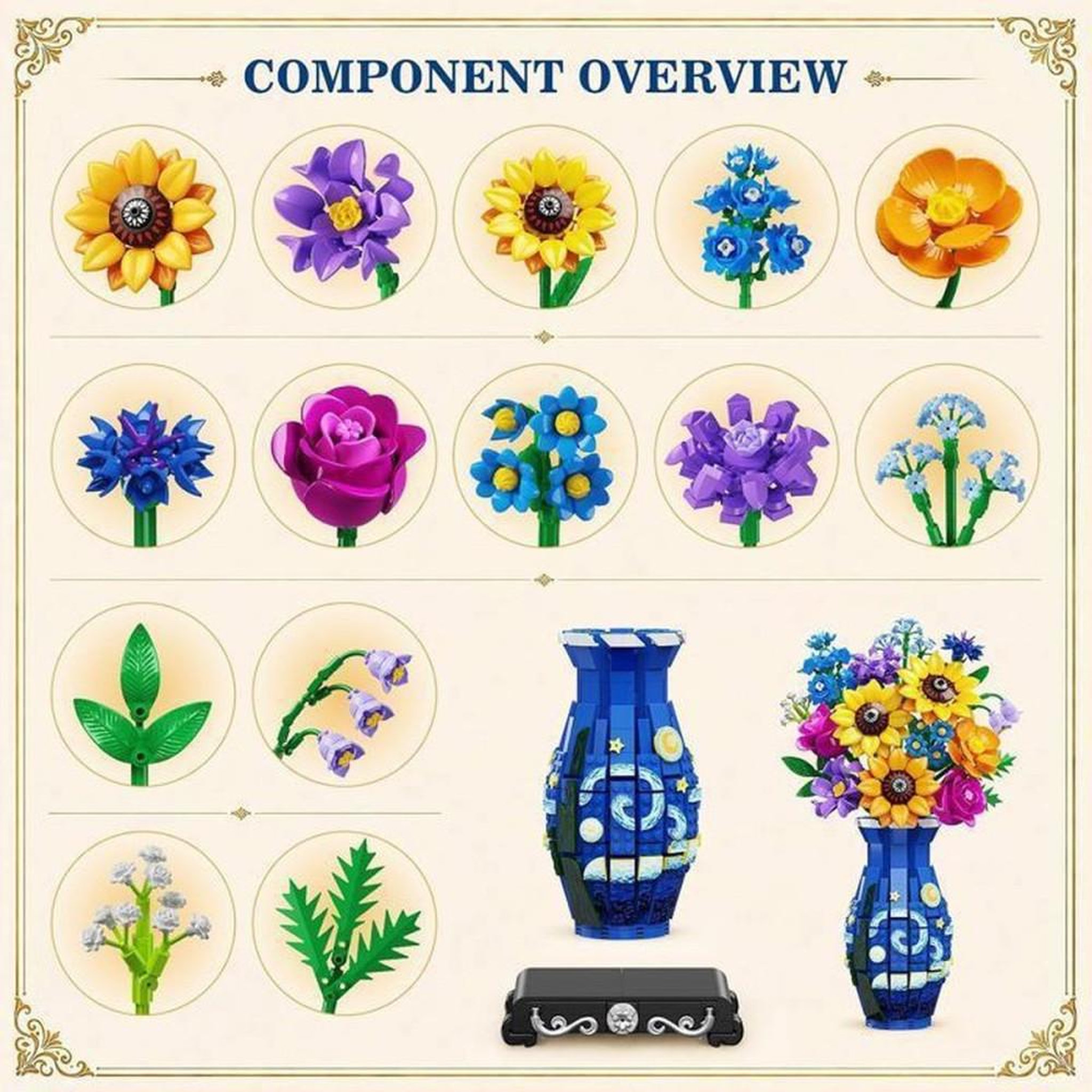 Voir la diapositive 2 : Kit de construction floral avec guirlande LED, vase bleu imprimé, 1331 pièces mini 3,6 mm