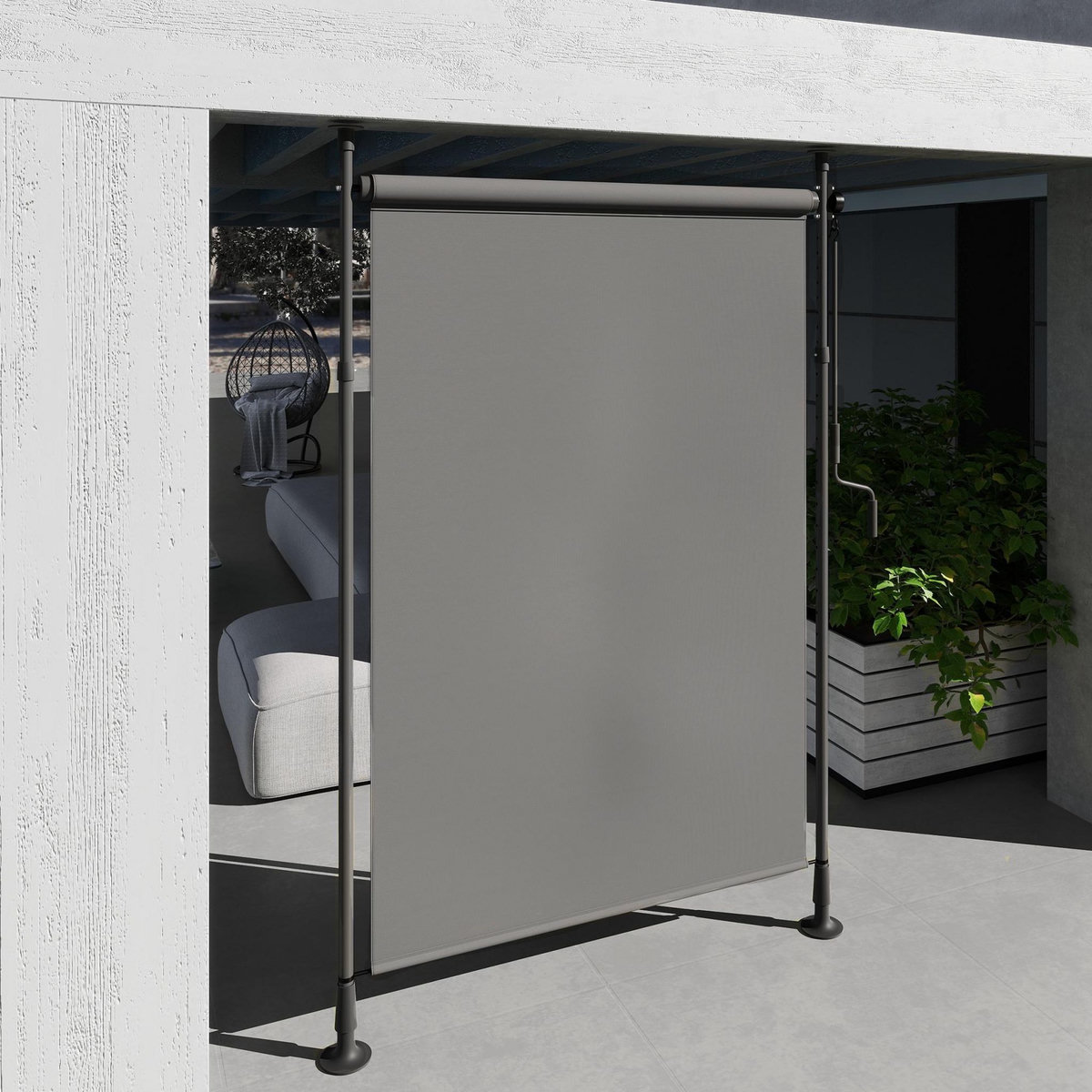 OUTSUNNY Store extérieur sur pied store manuel rétractable enroulable réglable H.2,2-3,1m sans perçage métal polyester gris