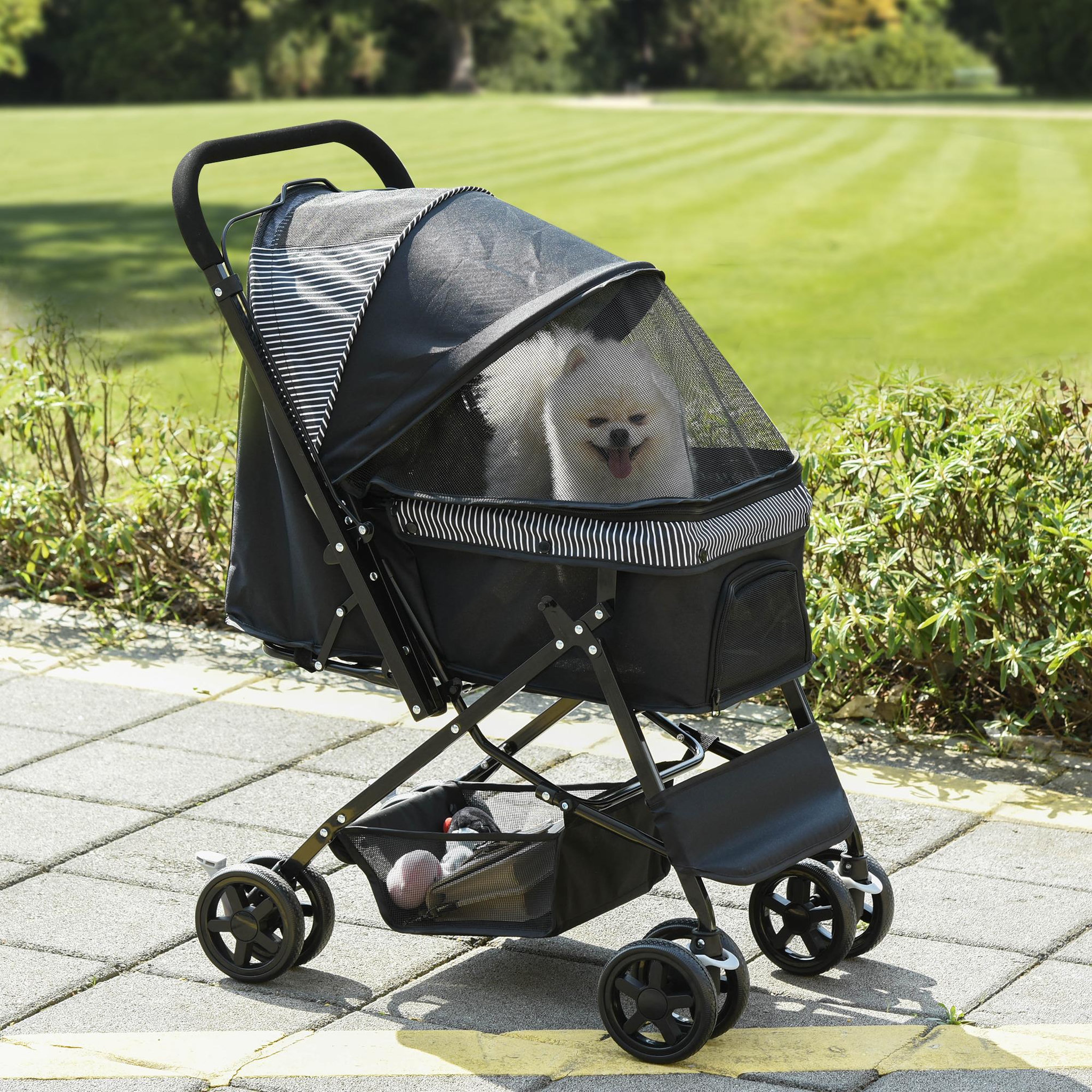 Voir la diapositive 2 : PAWHUT Poussette buggy pliable chien chat panier et sac de rangement attaches sécurité housse réglable poignée réglable acier oxford noir
