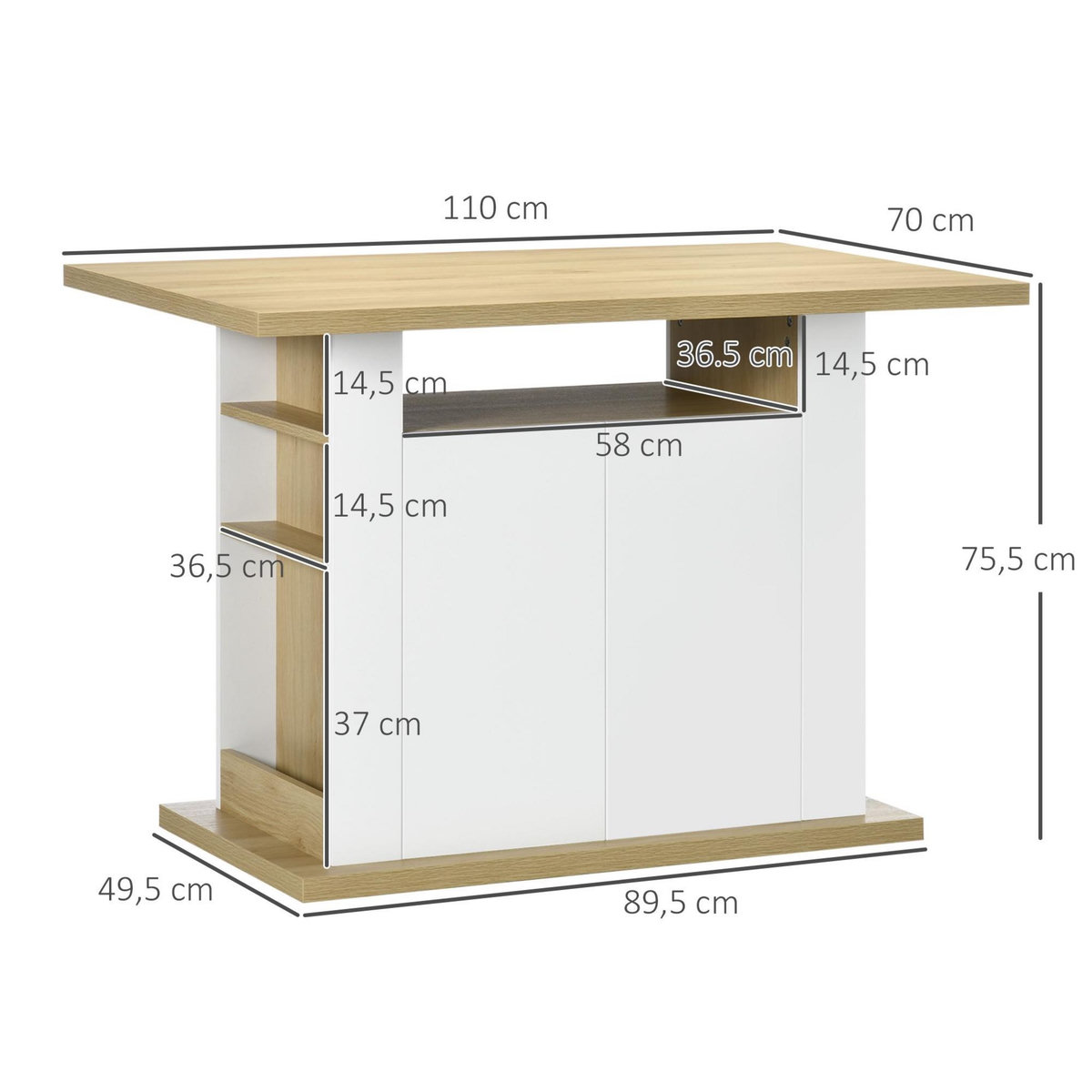 HOMCOM Table à manger ilot central cuisine 4-6 personnes blanc naturel