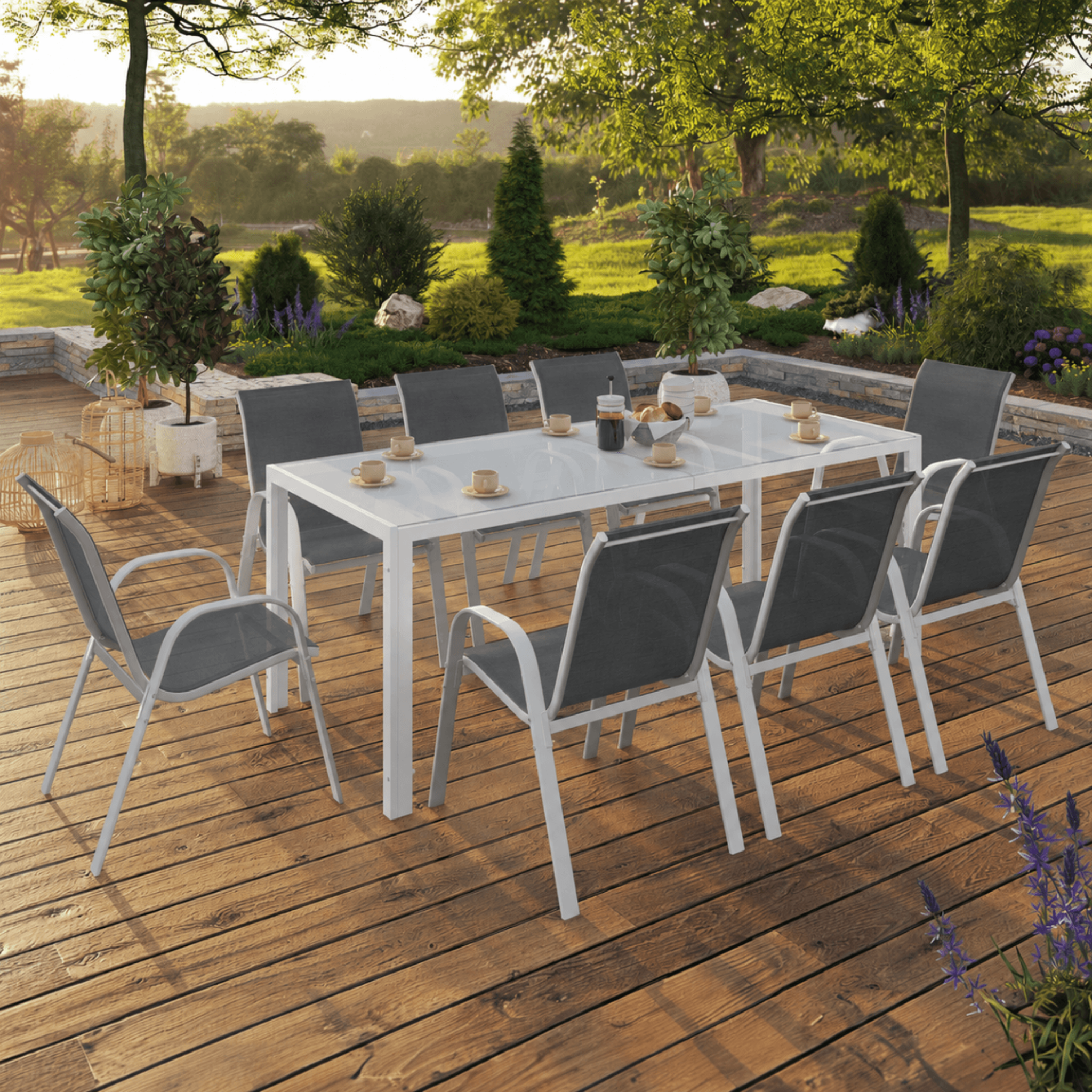 Voir la diapositive 2 : ID MARKET Salon de jardin madrid table 190 cm et 8 chaises empilables blanc et gris