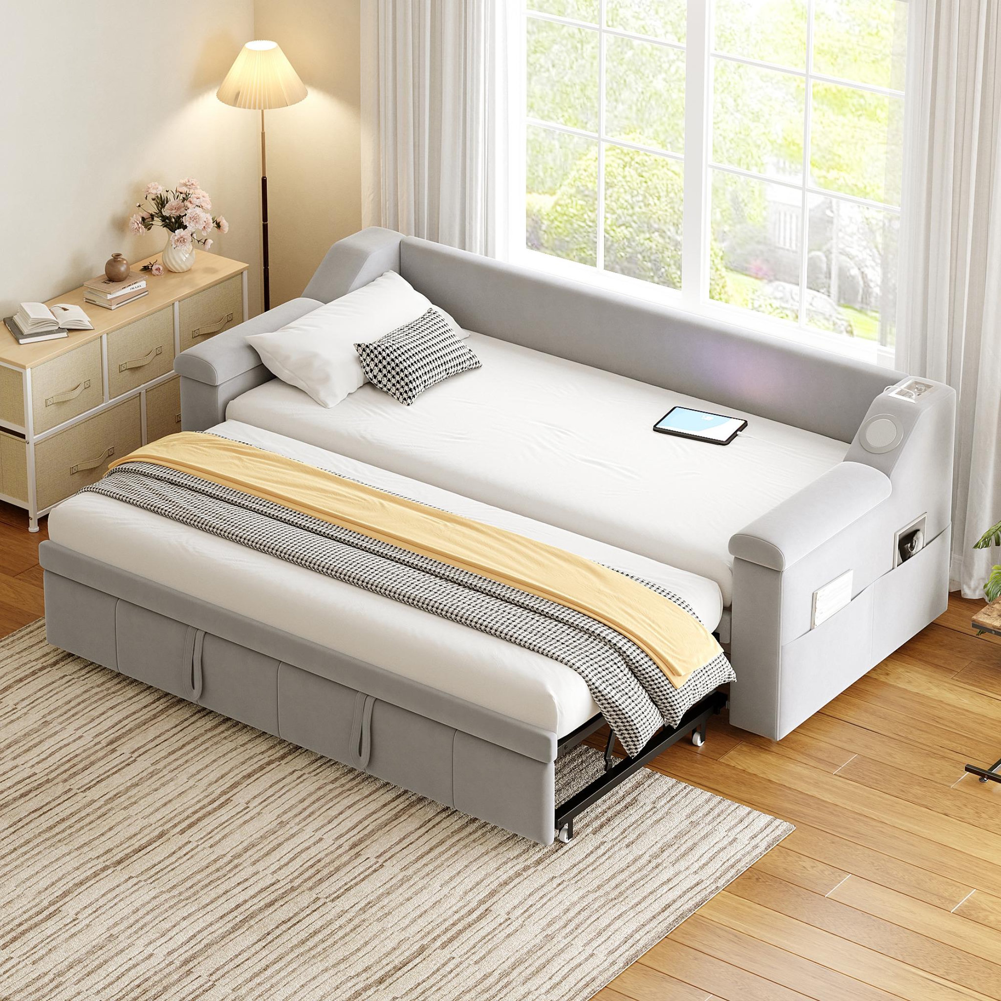 Voir la diapositive 2 : MERAX Lit banquette gigogne rembourré 90x190(180x190)cm