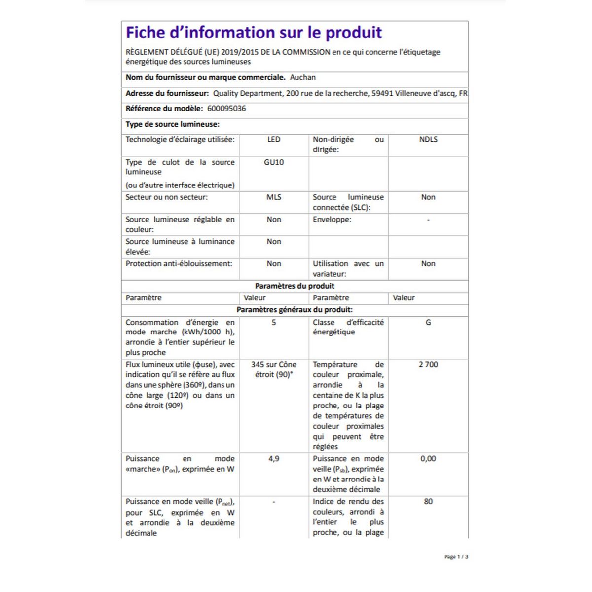 AUCHAN Ampoule LED GU10 50W Blanc chaud