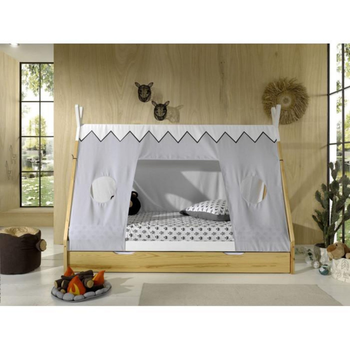 Paris Prix Pack - Lit Enfant, Tiroir & Voile  Tipi  90x200cm Blanc & Naturel