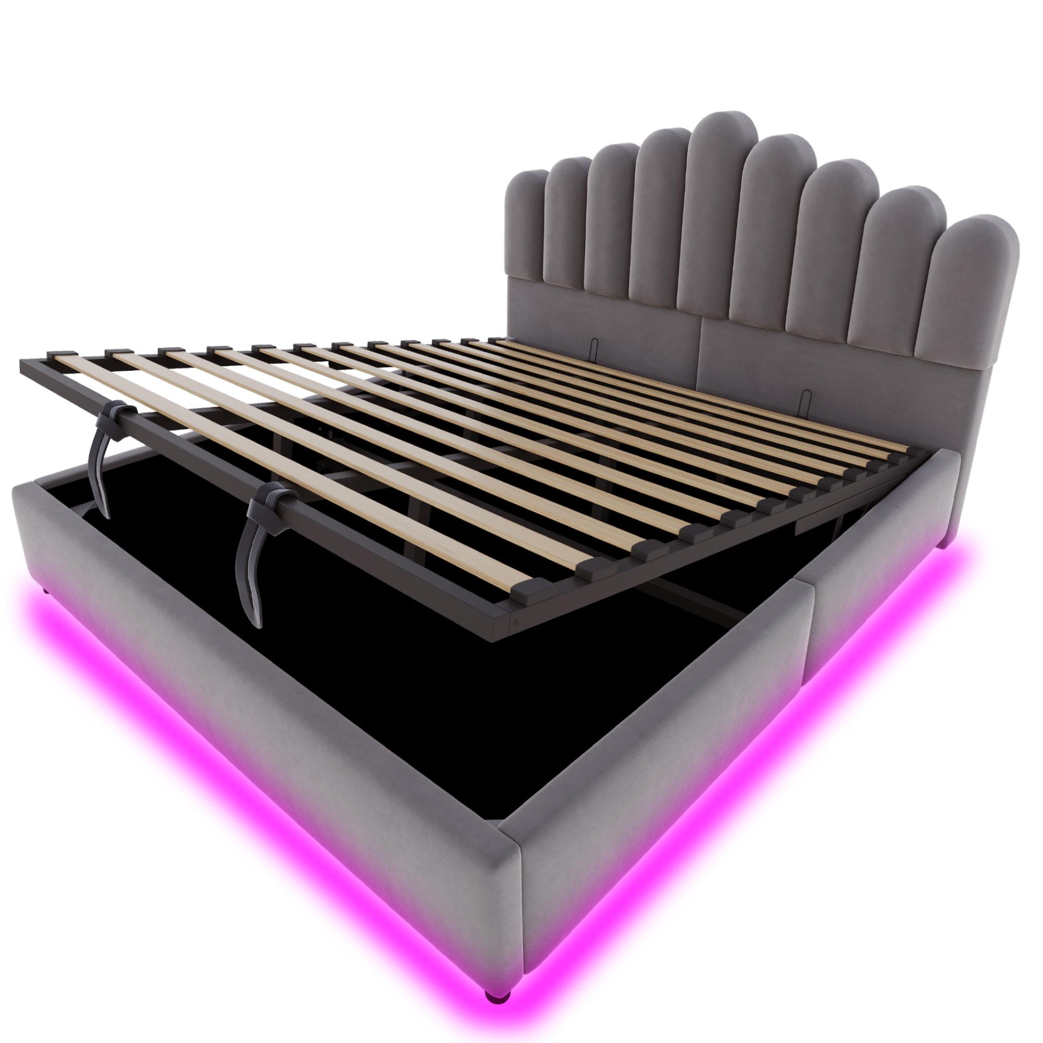 Voir la diapositive 5 : MERAX Lit coffre velours avec led, tête de lit capitonnée et sommier à lattes