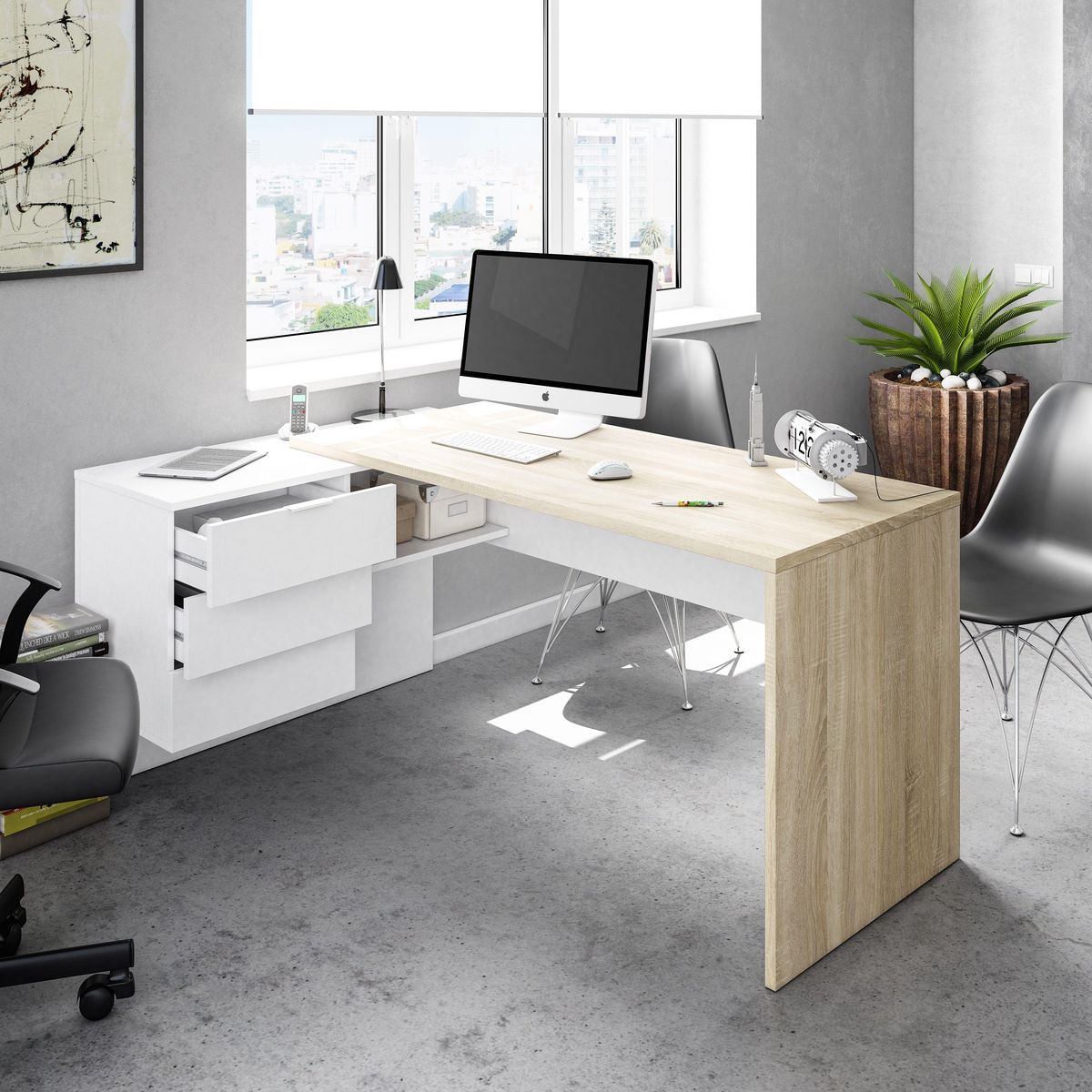 Bureau d'angle réversible droit ou gauche avec caisson 3 tiroirs L145cm OFFICIO