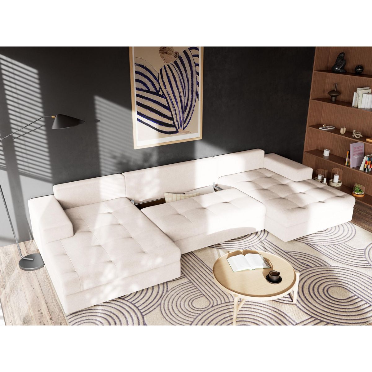 BEST MOBILIER Bastian - canapé panoramique en u 7 places convertible avec coffre en velours texturé