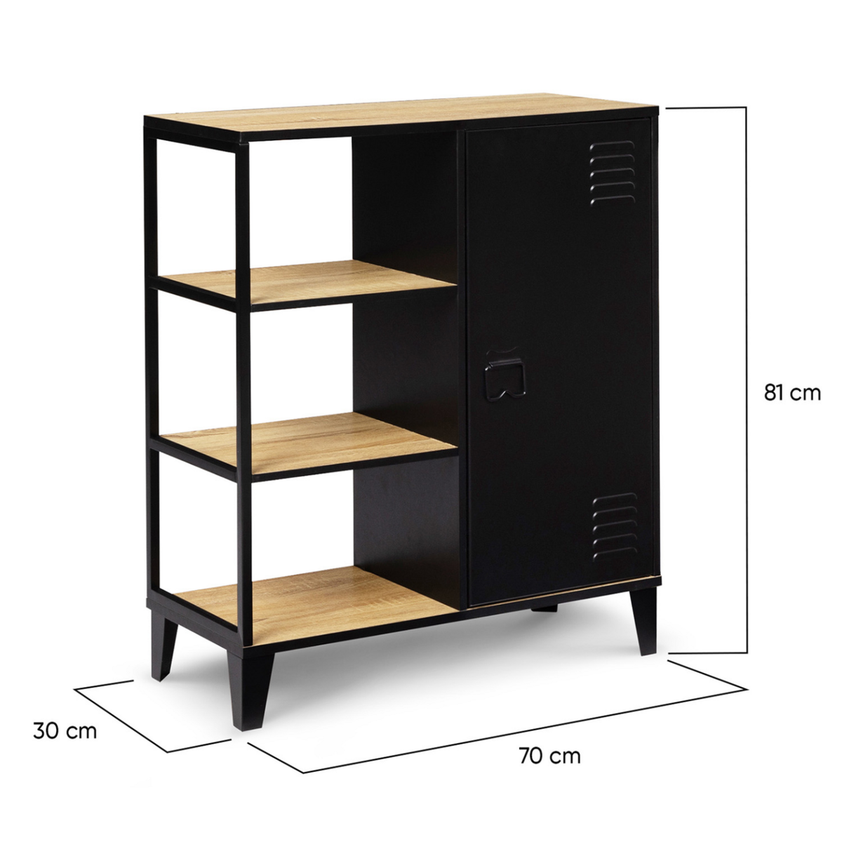 ID MARKET Buffet d'appoint 3 étagères et placard métal noir et plateau bois 70 cm ESTER design industriel