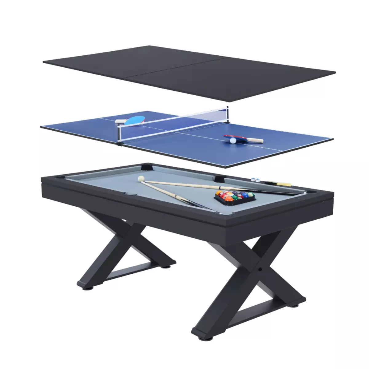 CONCEPT USINE Table multi-jeux en bois noir ping-pong et billard TEXAS