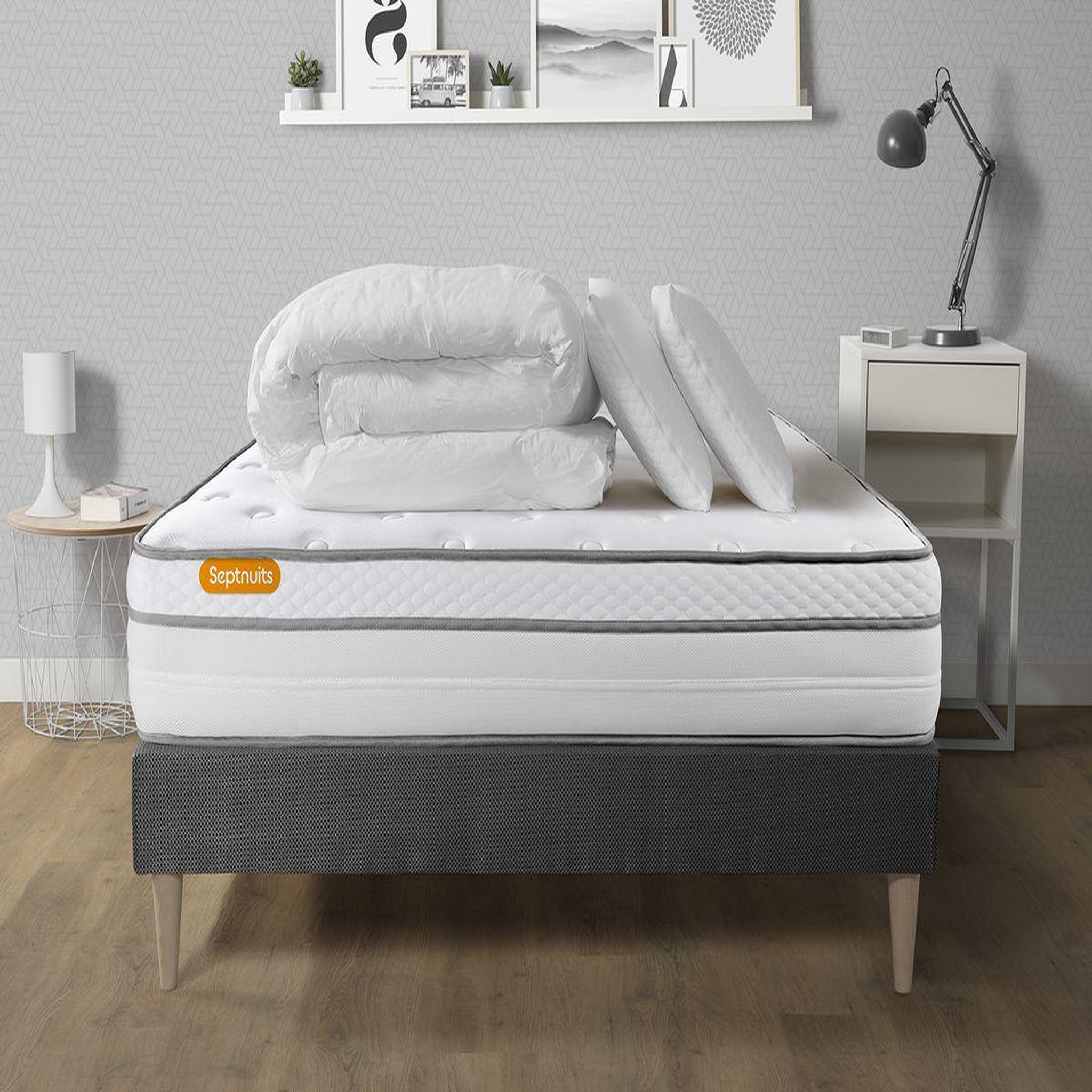 Voir la diapositive 1 : SEPTNUITS Pack matelas + sommier kit gris Memo Luxe Ressorts ensachés + mémoire de forme + Couette + 2 oreillers