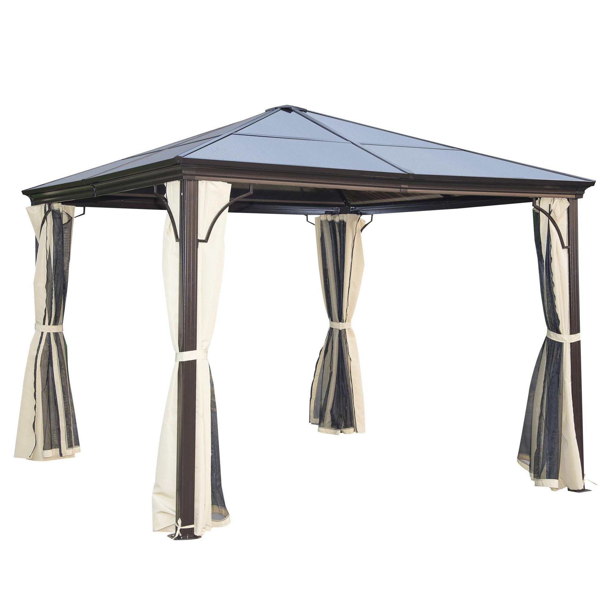 Voir la diapositive 1 : OUTSUNNY Tonnelle pavillon de jardin imperméable 4 parois latérales anti-UV 4 moustiquaires panneaux polycarbonate alu 3L x 3l x 2,6H m chocolat beige