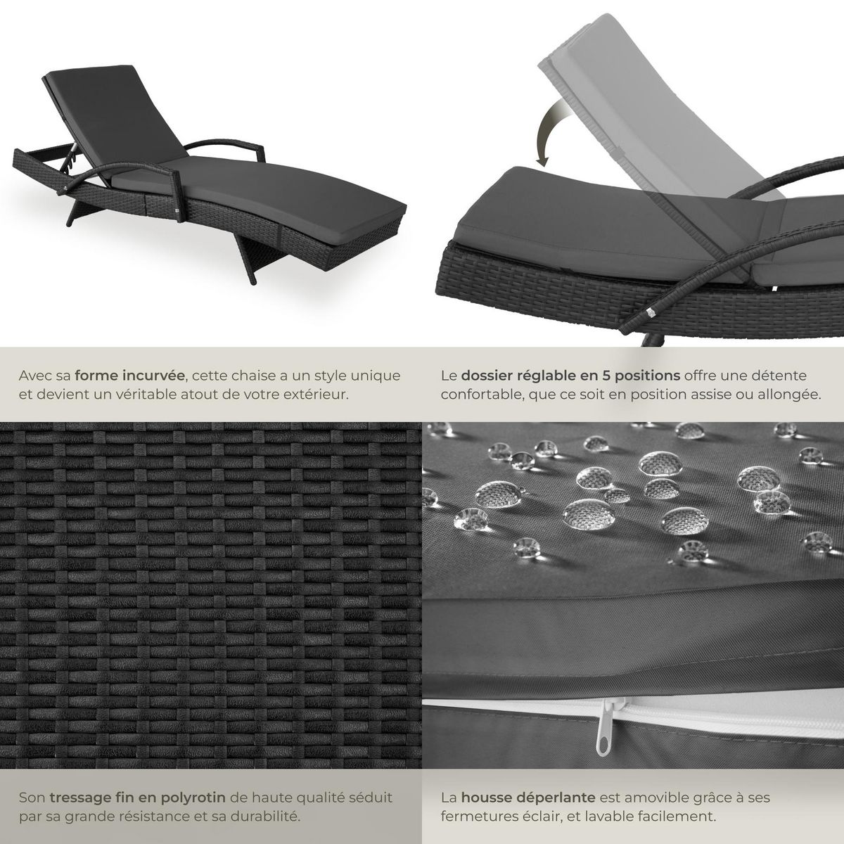 tectake Bain de soleil en rotin avec cadre en aluminium noir