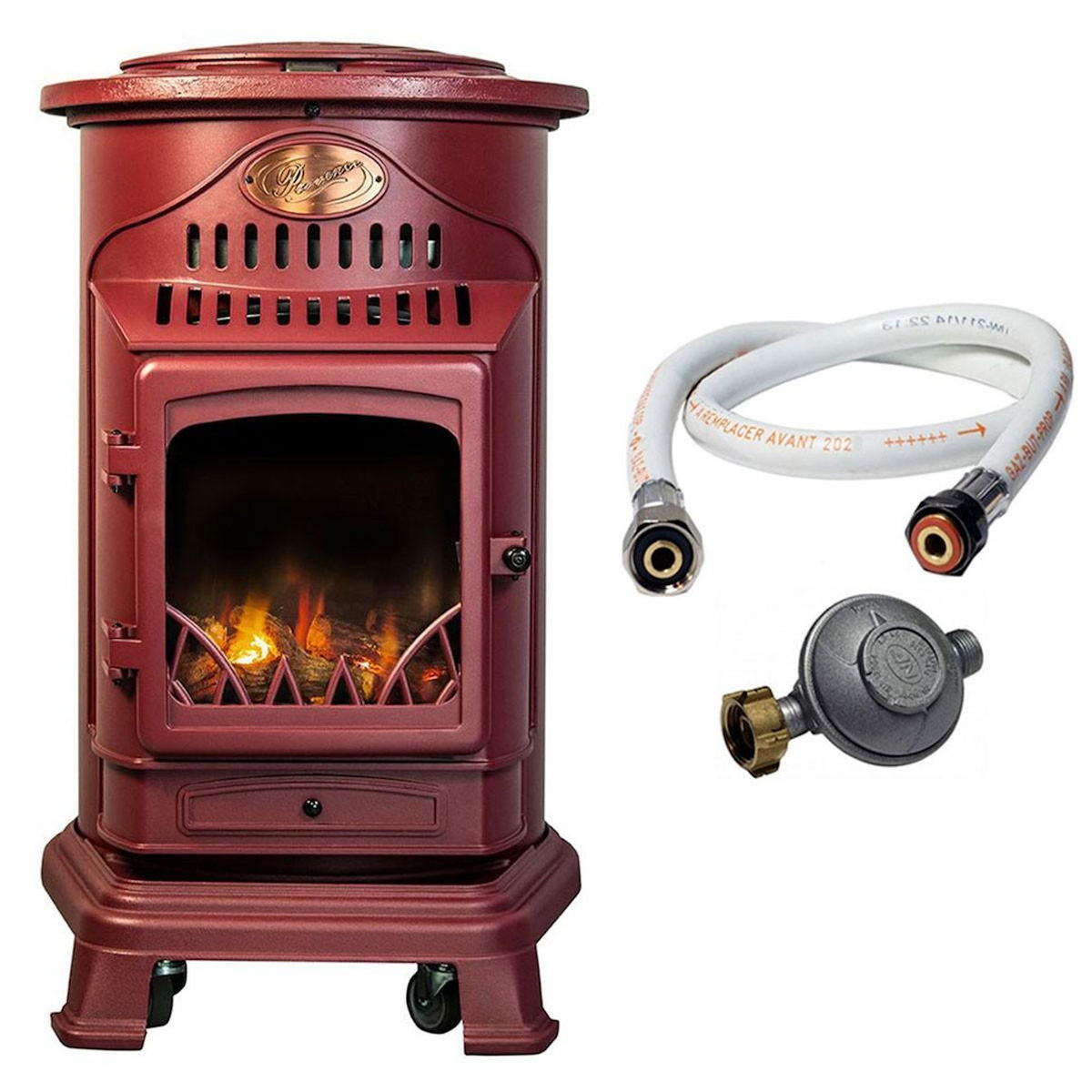 UNIVERSAL Poele à gaz 3,4 KW Rouge Effet poêle à bois Fonte véritable + Tuyau gaz + détendeur butane Provence UNIVERSAL