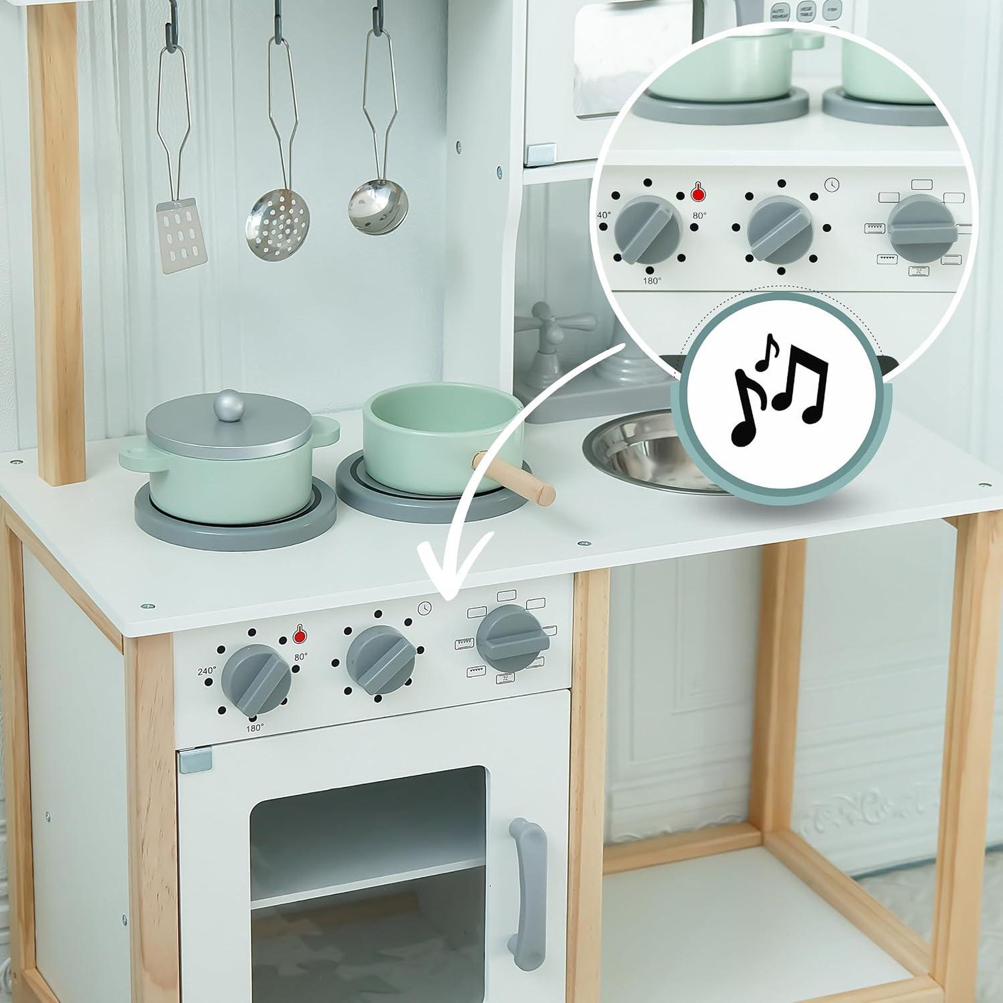 Voir la diapositive 4 : MAMABRUM Cuisine enfant bois, micro-ondes, four, évier et accessoires, sons mécanique, jouet montessori +3