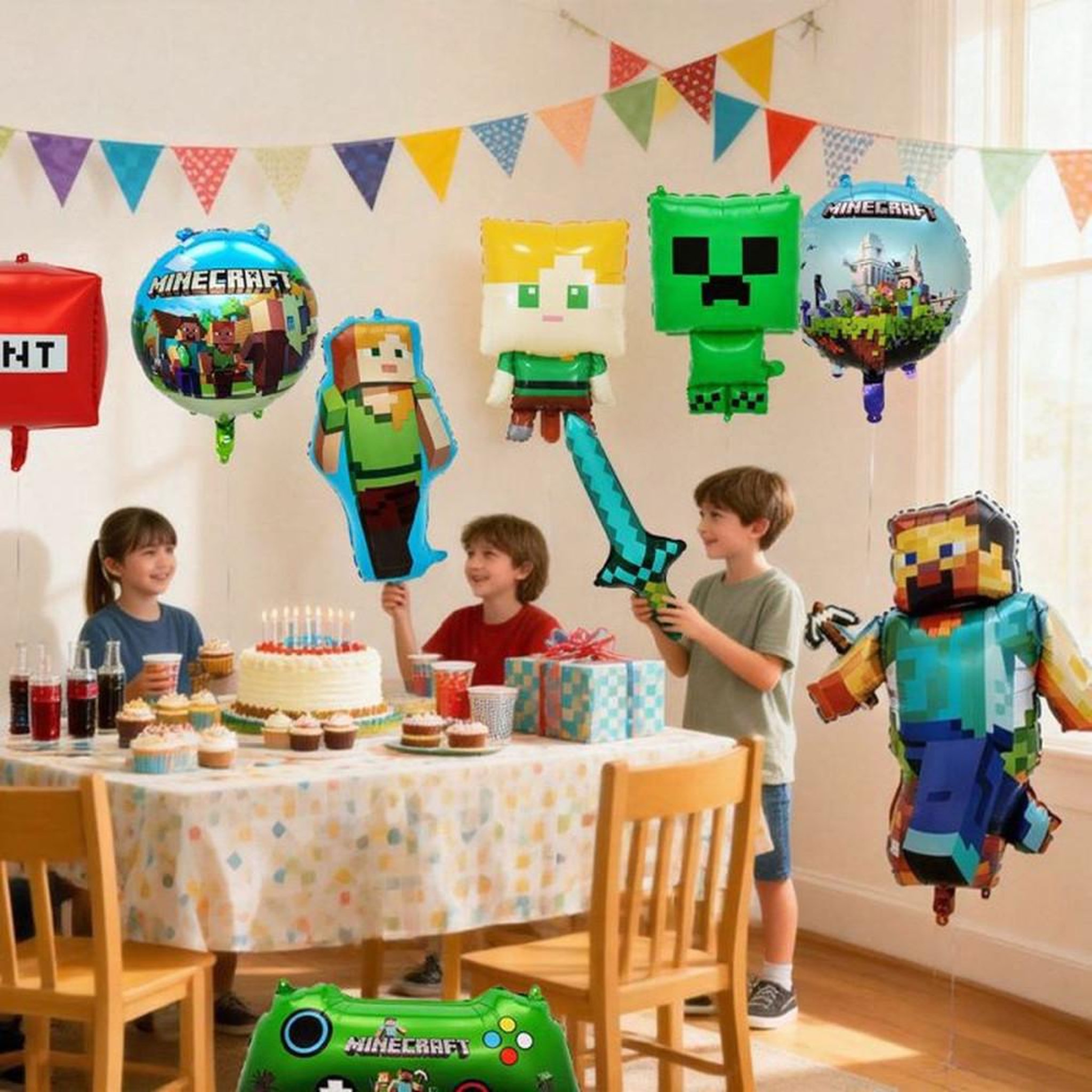 Voir la diapositive 5 : Décorations de ballons Minecraft, lot de 10 pièces pixel personnages, TNT et manette, pour anniversaire et fête enfant