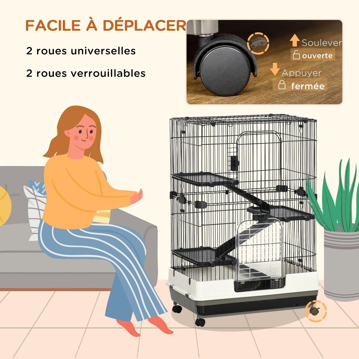 PAWHUT Cage pour cochons d'Inde chinchilla rongeur sur roulettes - 3 étages, 2 portes, trappe, plateau déjection - noir gris