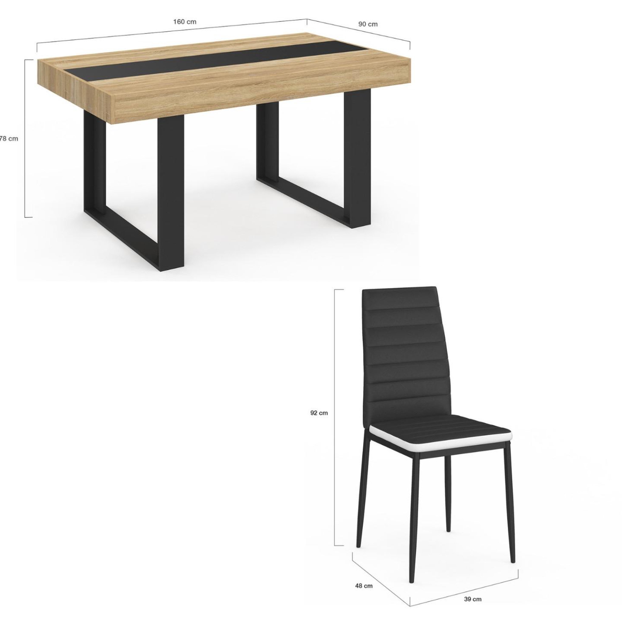 Voir la diapositive 5 : ID MARKET Ensemble table à manger rectangle phoenix bois et noir bande centrale noire 160 cm et 6 chaises romane noires bandeau blanc
