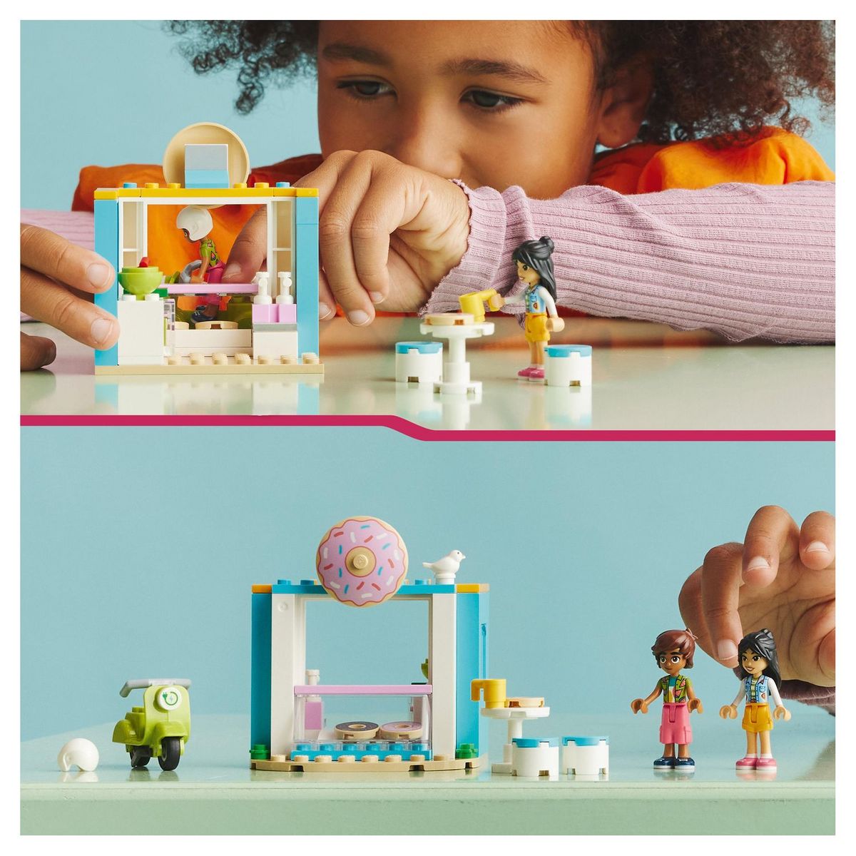 LEGO Friends 41723 Boutique de donuts, Set de Café, Jouet Filles et Garçons 4 Ans avec Mini-Poupées Liane et Léo et Scooter