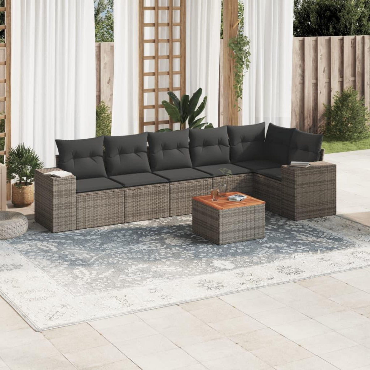 VIDAXL Salon de jardin avec coussins 7 pcs gris resine tressee
