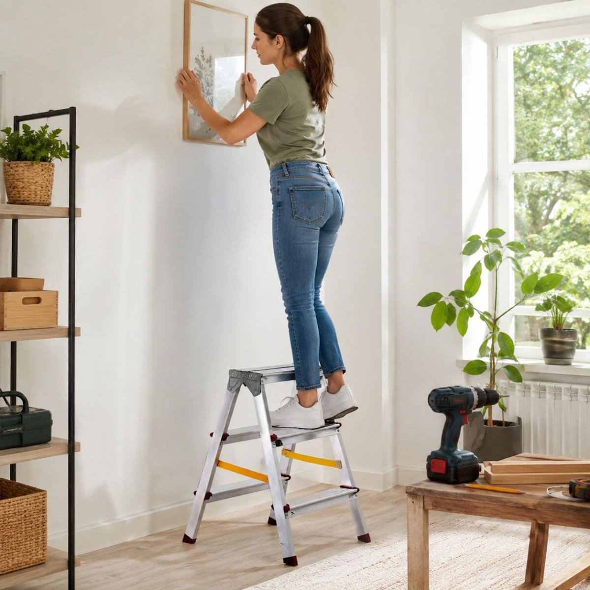 VITO Escabeau Double 3 Marches Aluminium Pliable 65 cm – Marchepied Stable Antidérapant Charge 150 kg pour Bricolage et Travaux VITO