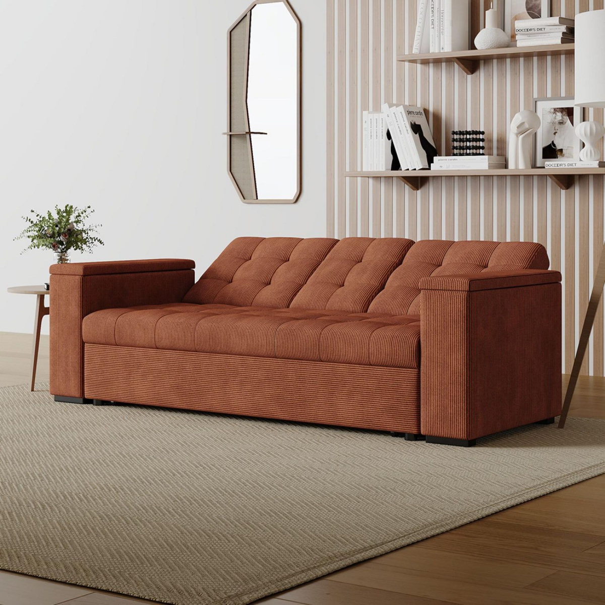 CONCEPT USINE Canapé 3 places convertibles terracotta velours côtelé NOHO