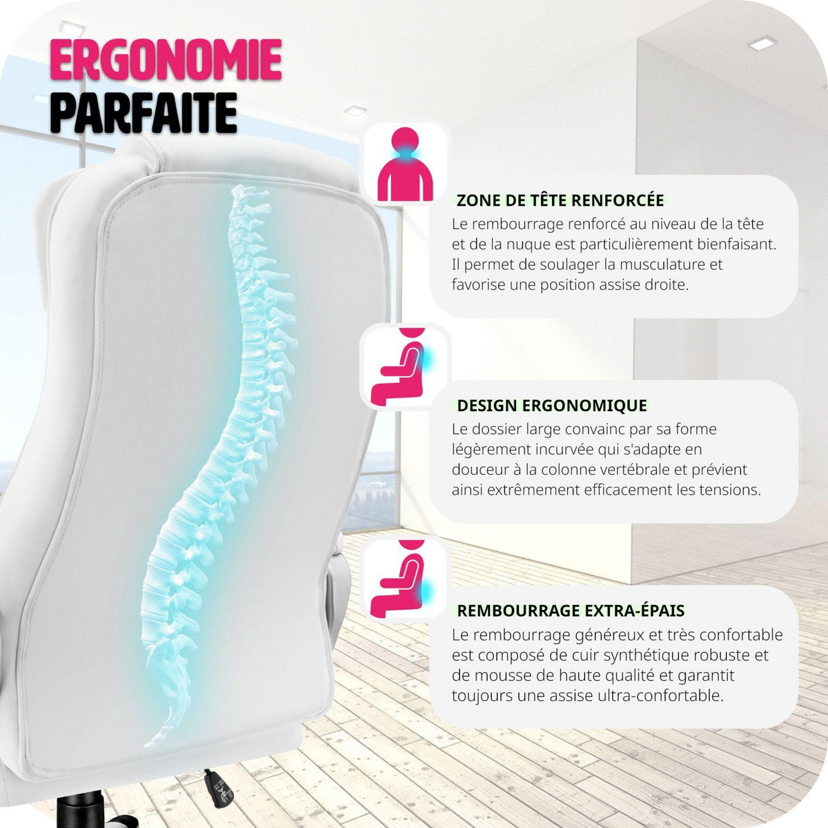 tectake Fauteuil de bureau rotatif à 360° et réglable en hauteur blanc