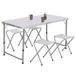 ID MARKET Table de camping pliante réglable en hauteur 120 cm et 4 tabourets blanc