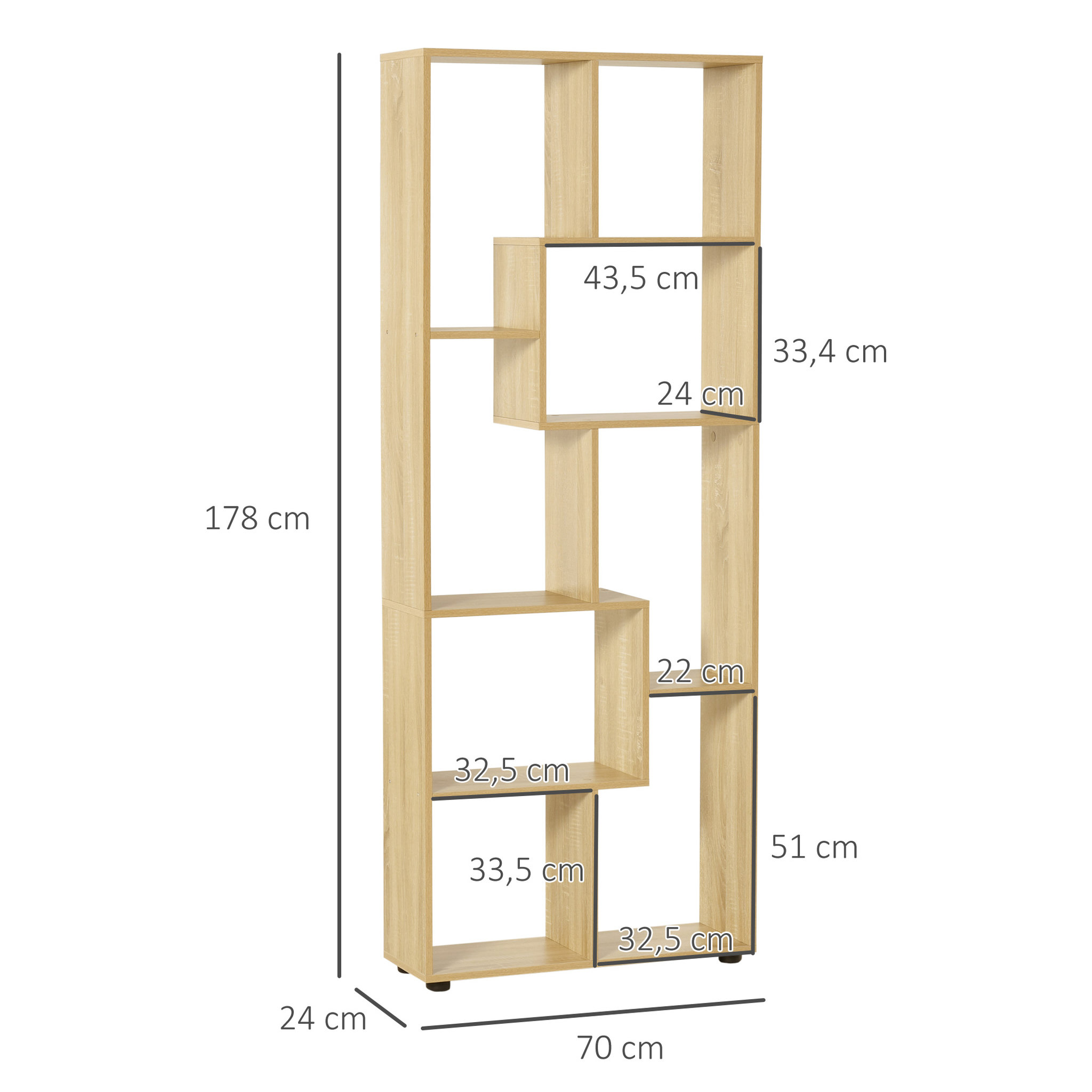 Voir la diapositive 4 : HOMCOM Bibliothèque étagère meuble de rangement dim. 70L x 24l x 178H cm en zigazag et 8 espaces en panneau de particules naturel