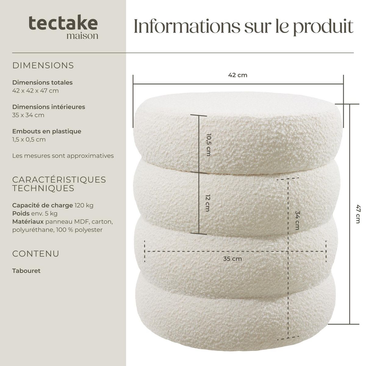 tectake Tabouret avec espace de rangement rond Bouclé crème/ blanc