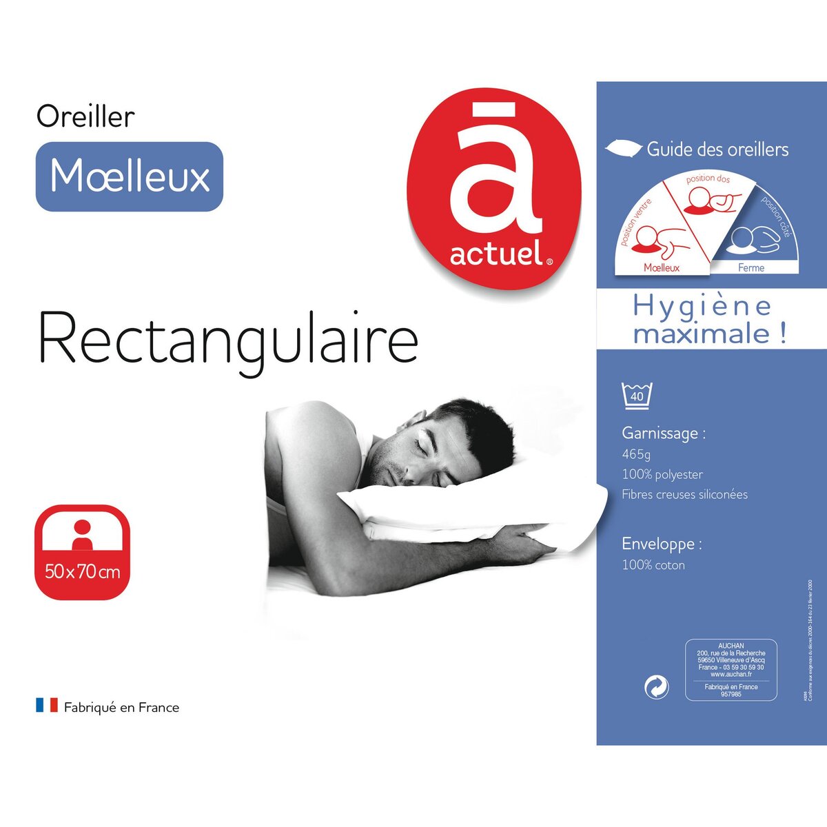 ACTUEL Oreiller moelleux enveloppe 100% coton