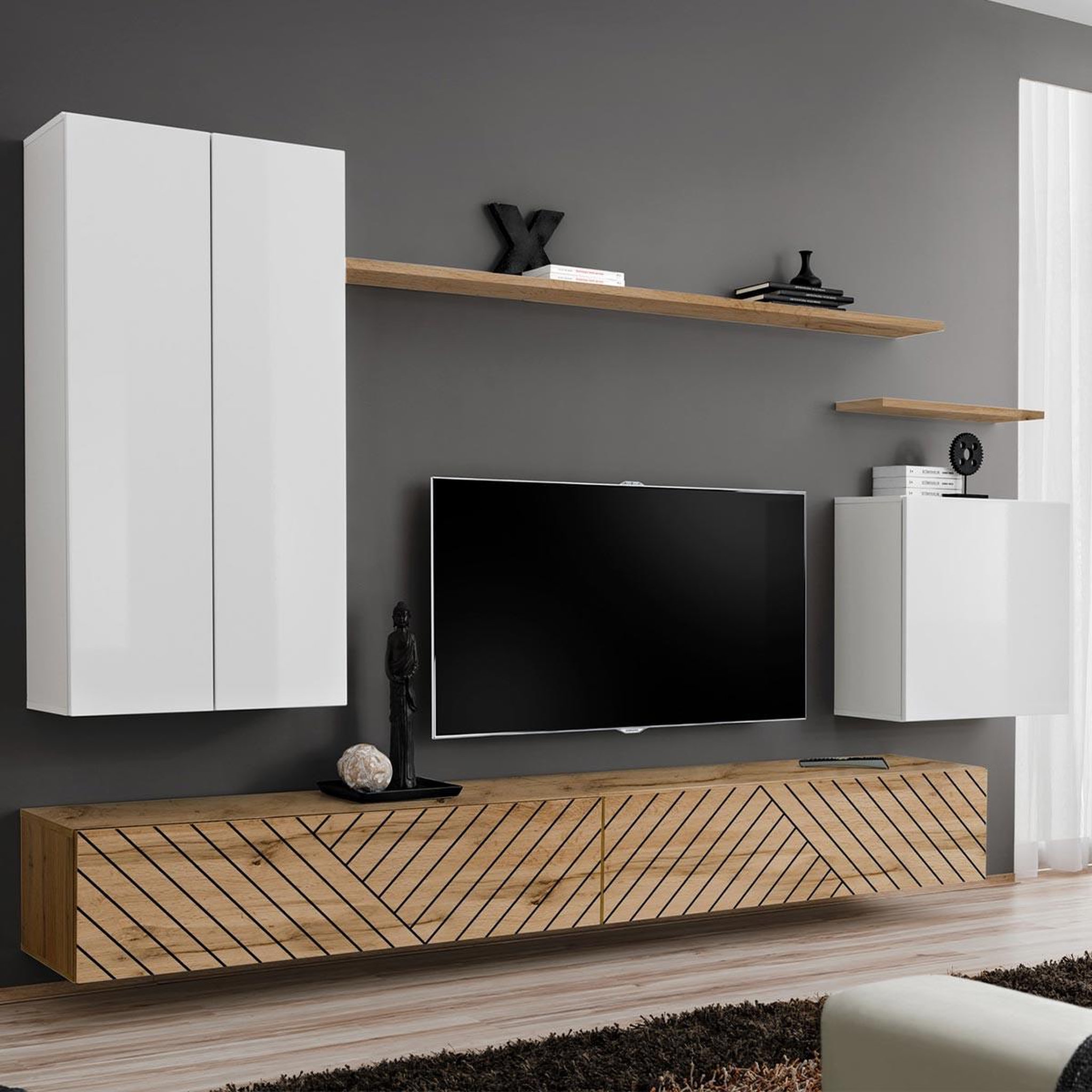 Paris Prix Ensemble meuble tv  switch lamel ii  270cm naturel & blanc