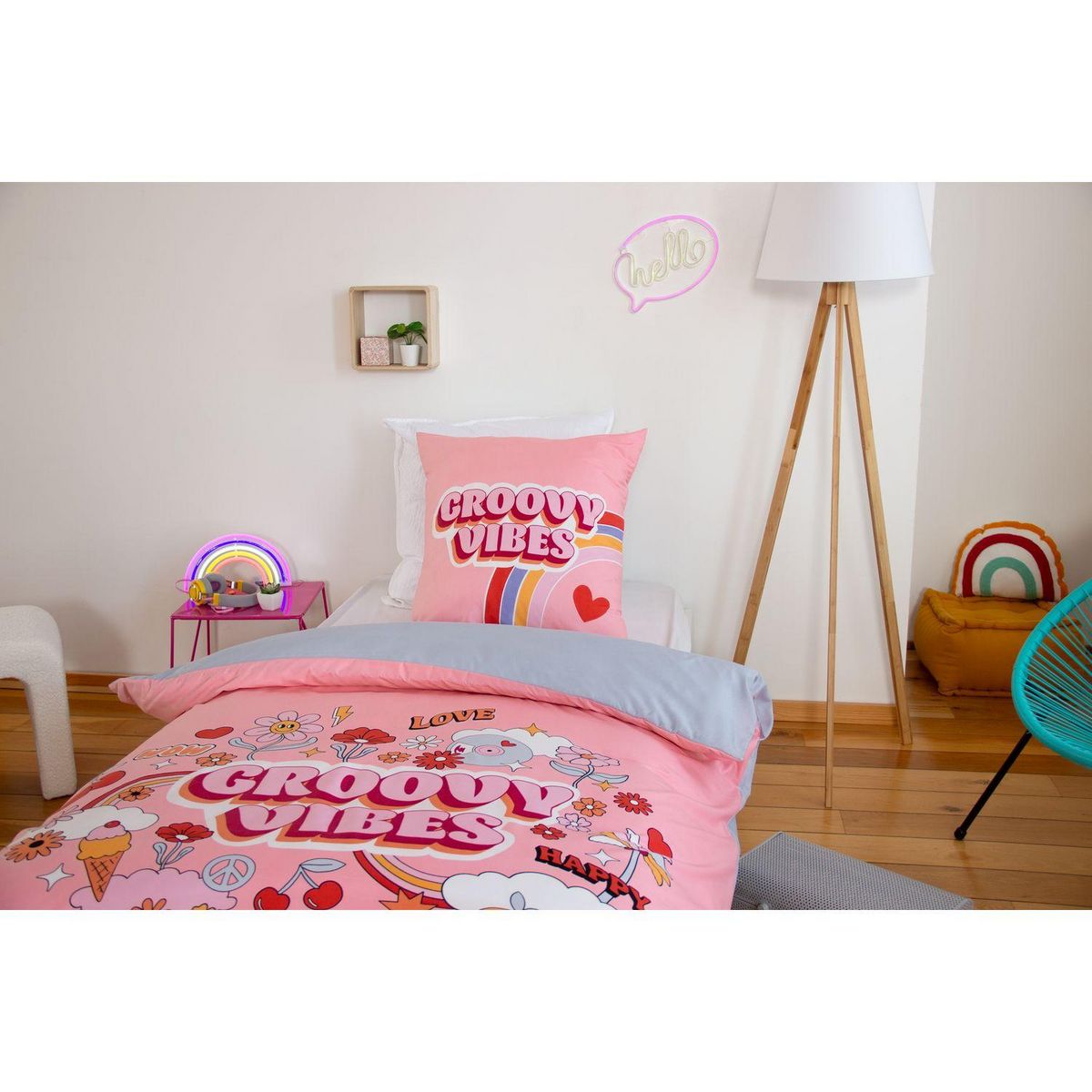COTE DECO Parure de lit enfant Groovy vibes - 100% microfibre 72g/m² - 140 x 200 cm