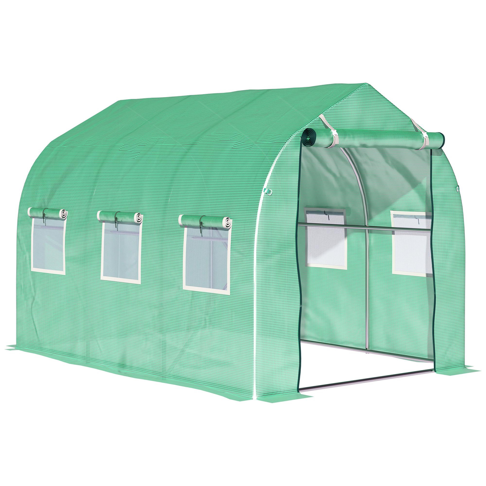 OUTSUNNY Serre de jardin tunnel 6 m² 6 fenêtres porte zippée acier galvanisé pe vert