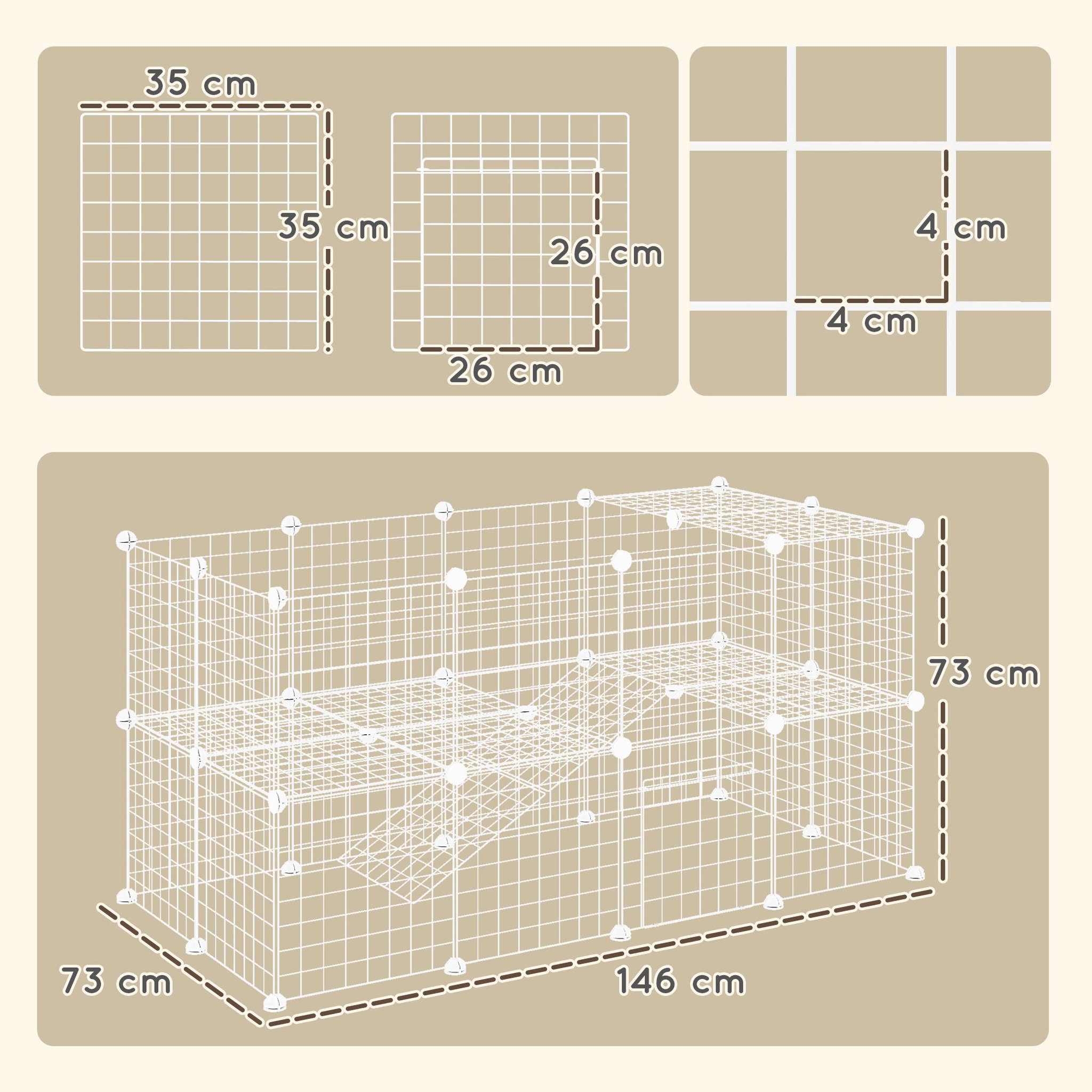Voir la diapositive 3 : PAWHUT Cage parc enclos pour animaux domestiques l 146 x l 73 x h 73 cm modulable 2 niveaux 36 panneaux bords arrondis fil métallique blanc