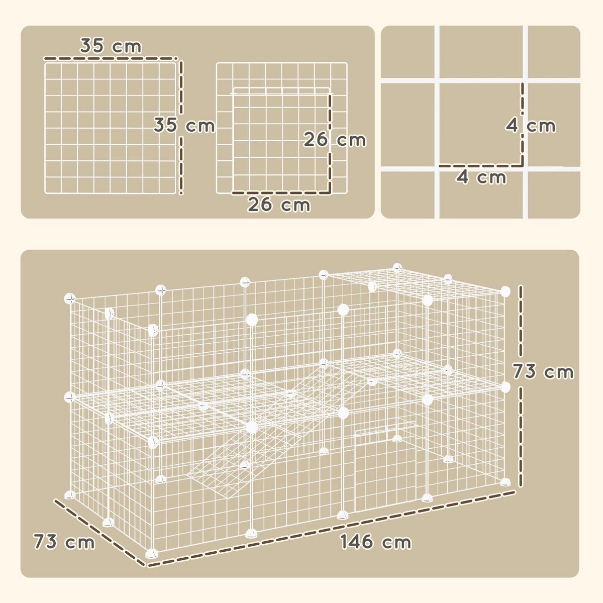 PAWHUT Cage parc enclos pour animaux domestiques L 146 x l 73 x H 73 cm modulable 2 niveaux 36 panneaux bords arrondis fil métallique blanc