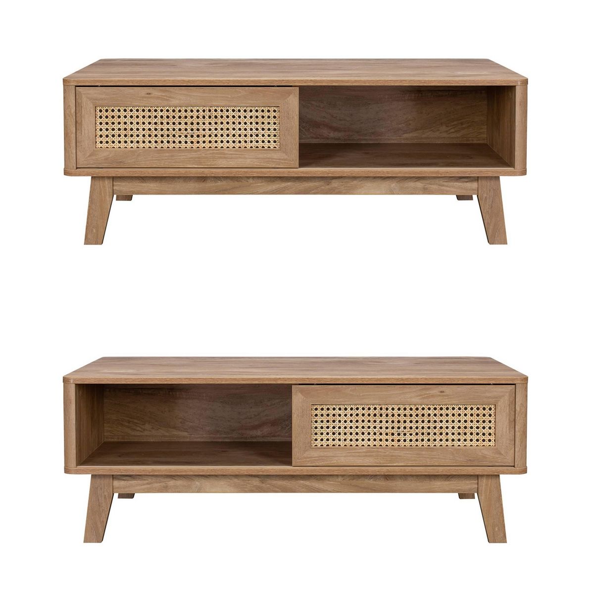 SWEEEK Table basse avec 2 niches. 1 porte coulissante. effet bois et cannage. pieds eucalyptus