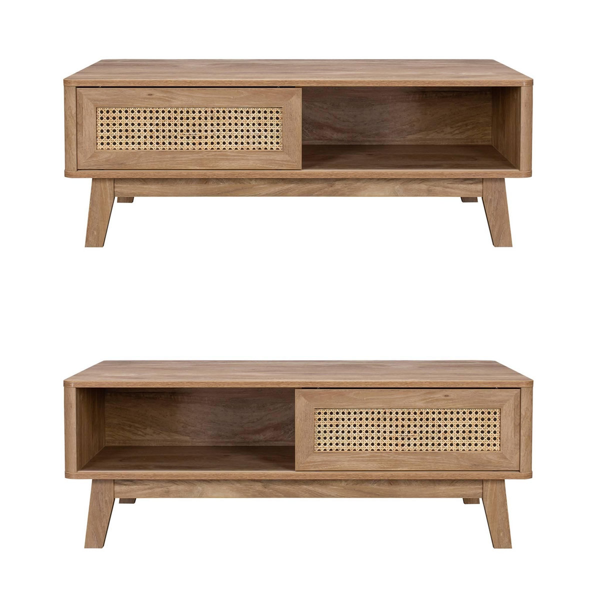 SWEEEK Table basse avec 2 niches. 1 porte coulissante. effet bois et cannage. pieds eucalyptus