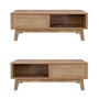 Voir la diapositive 6 : SWEEEK Table basse avec 2 niches. 1 porte coulissante. effet bois et cannage. pieds eucalyptus
