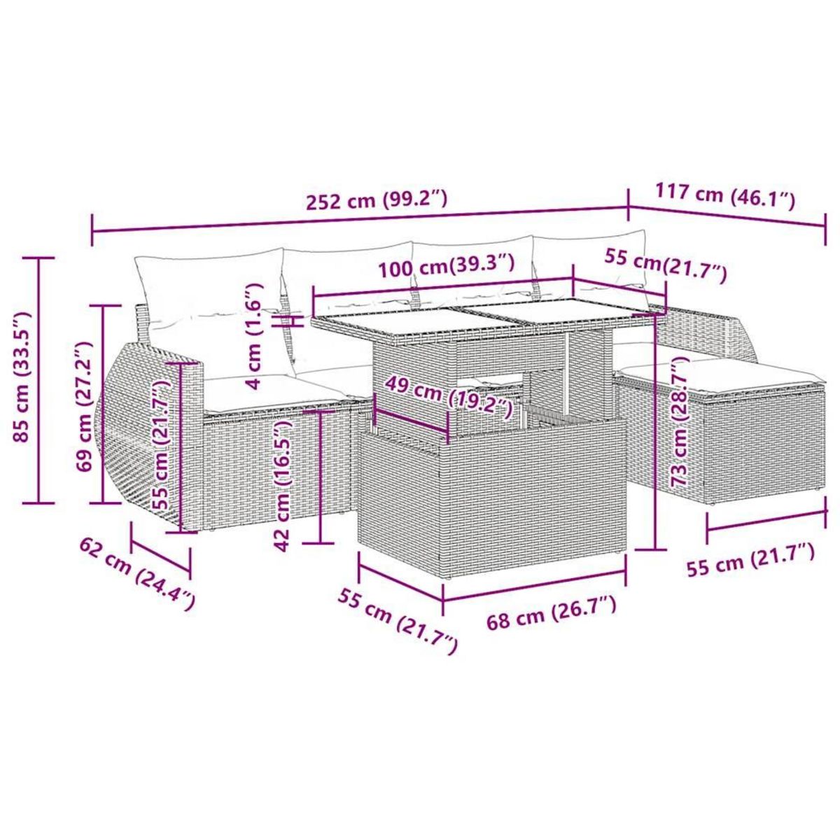 VIDAXL Salon de jardin avec coussins 6 pcs beige resine tressee