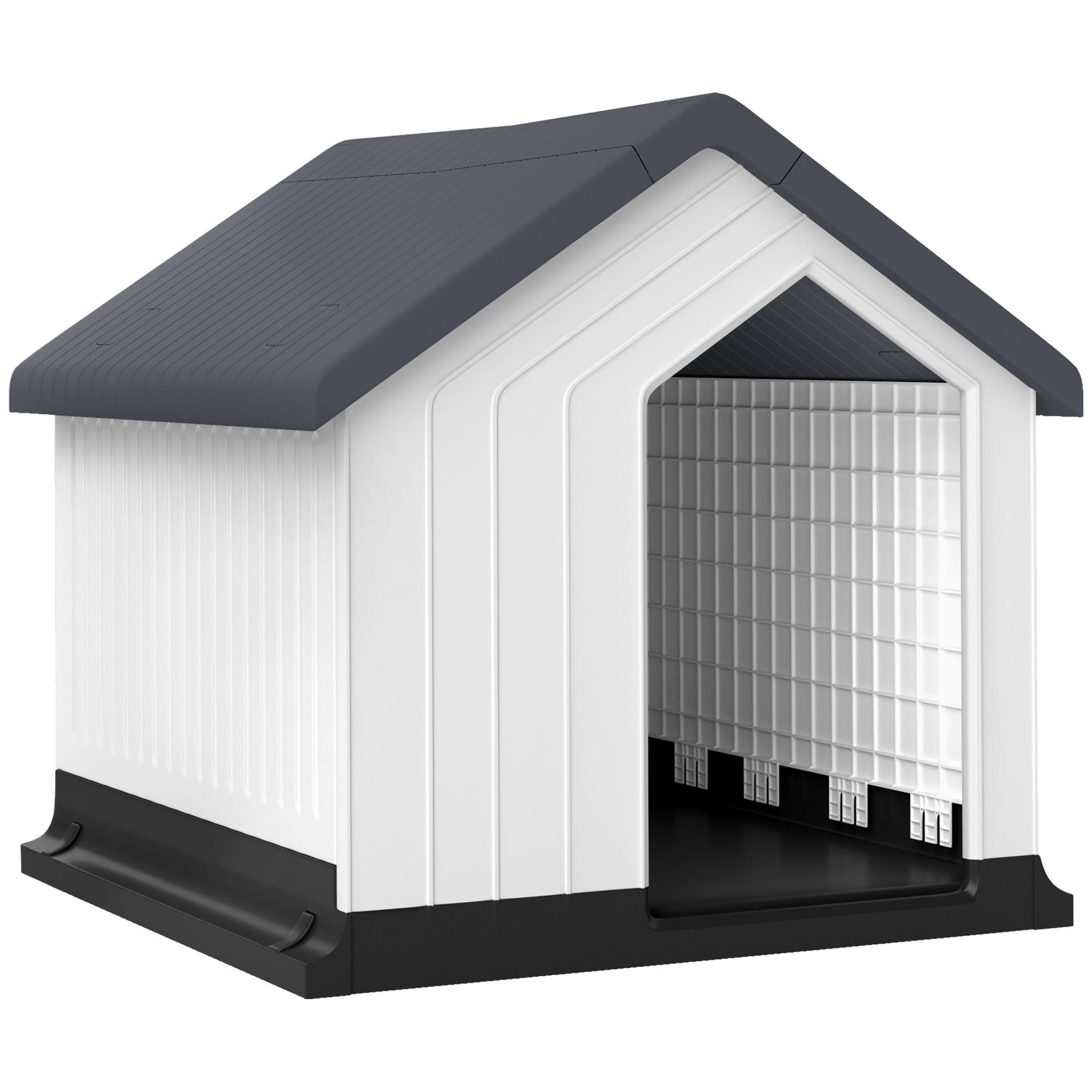 Voir la diapositive 1 : PAWHUT Niche chien extérieure - maison chien - niche plastique - grille d'aération - dim. 62L x 61l x 60H cm - blanc gris noir