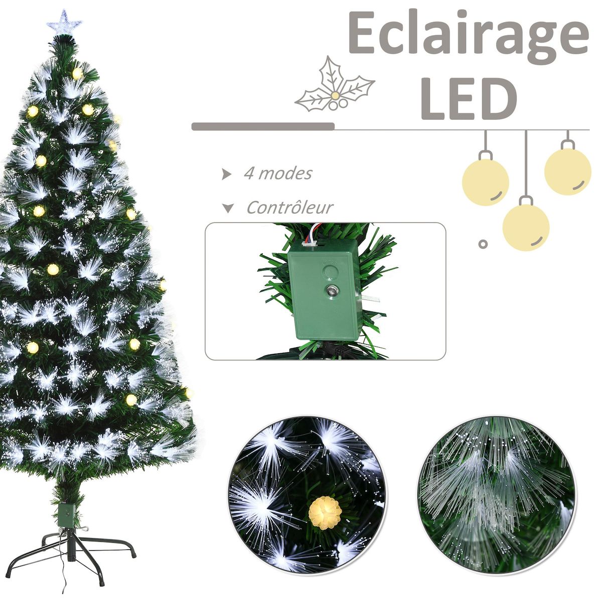 HOMCOM Sapin de Noël artificiel lumineux fibre optique LED + 20 ampoules + support pied Ø 63 x 120H cm 130 branches étoile sommet brillante vert