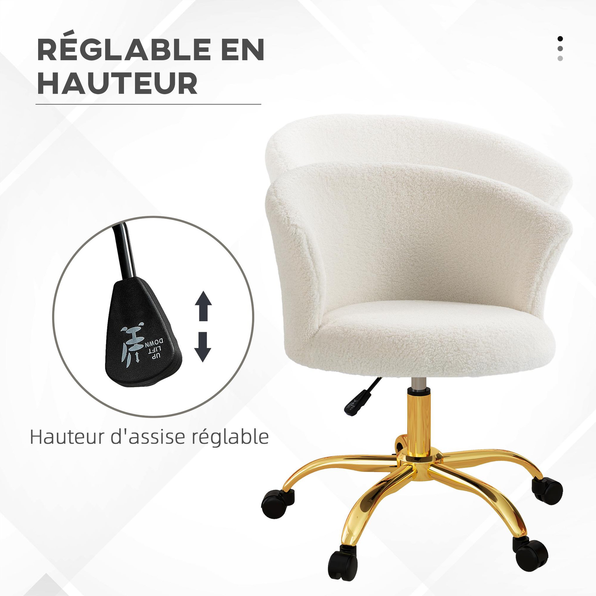 Voir la diapositive 5 : VINSETTO Chaise de bureau design effet courte laine bouclée piètement métal doré vert