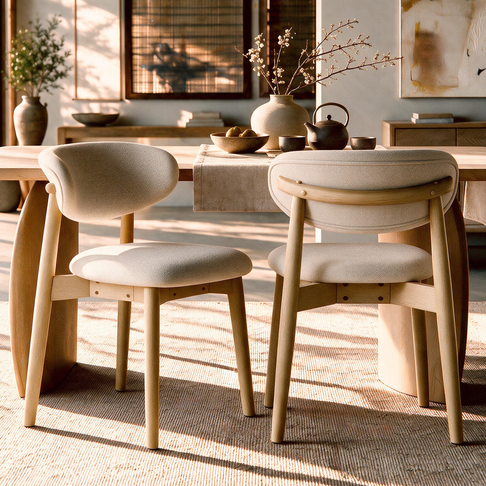 Voir la diapositive 2 : MAISON PAVANE Lot de 2 chaises en tissu beige et bois d'hévéa naturel-yuna