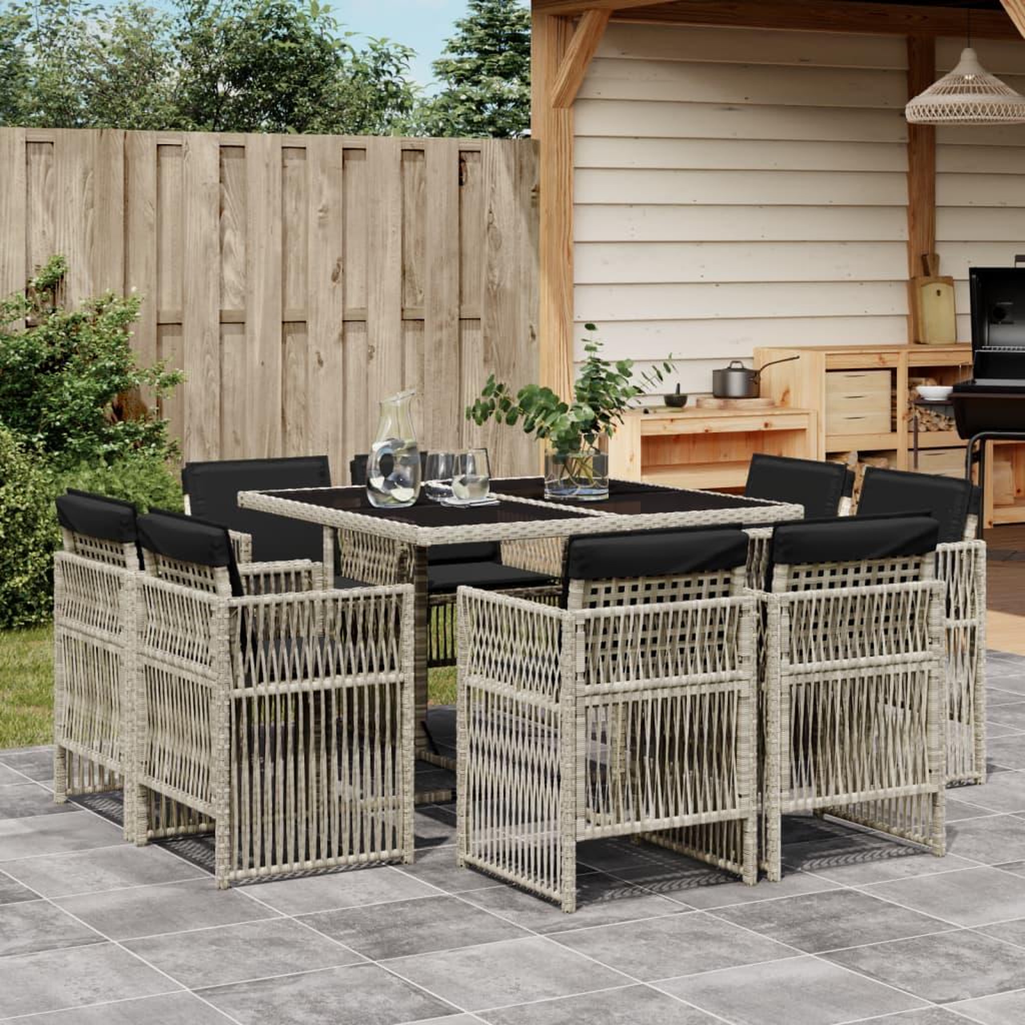 VIDAXL Ensemble a manger de jardin et coussins 9 pcs gris clair rotin